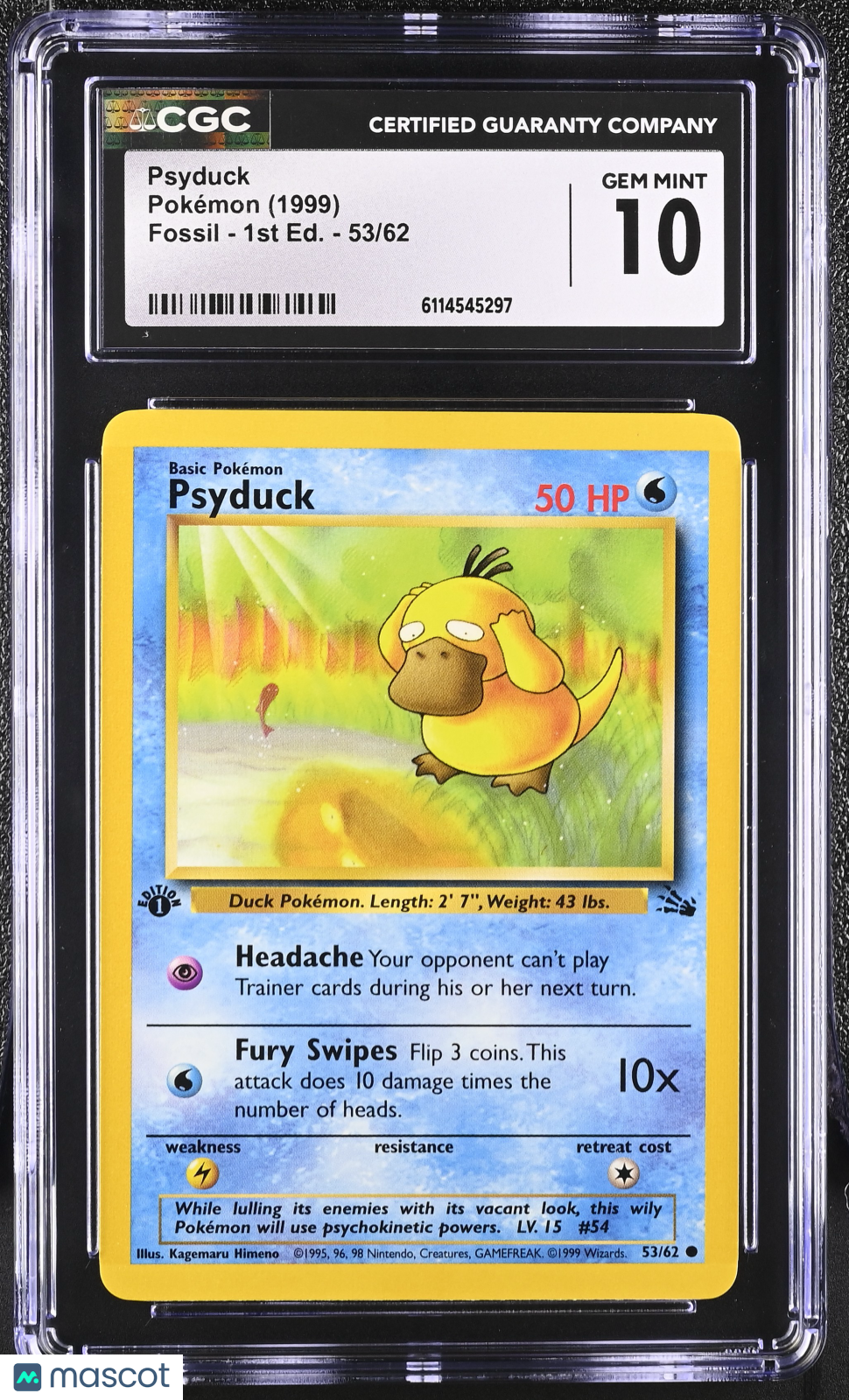 1999 Pokemon Psyduck #53/62 53/62 1st Edition CGC 10