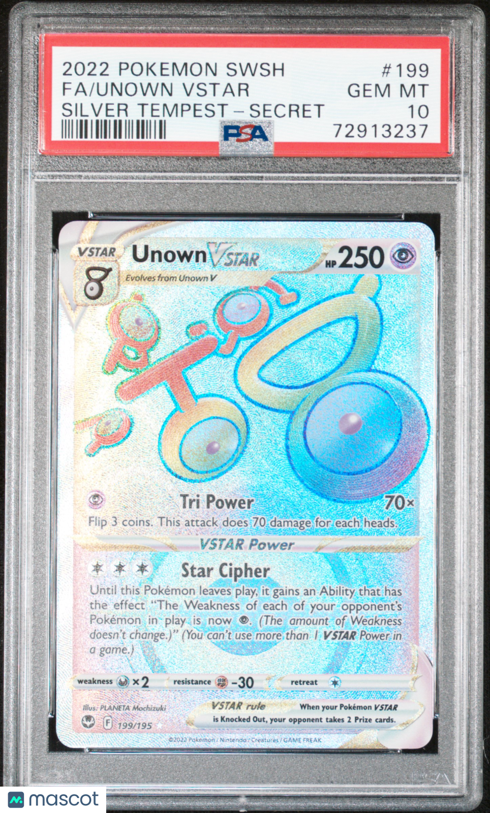 2022 Pokemon Sword & Shield Silver Tempest Unown VSTAR #199 Silver Tempest-Secret Fa PSA 10