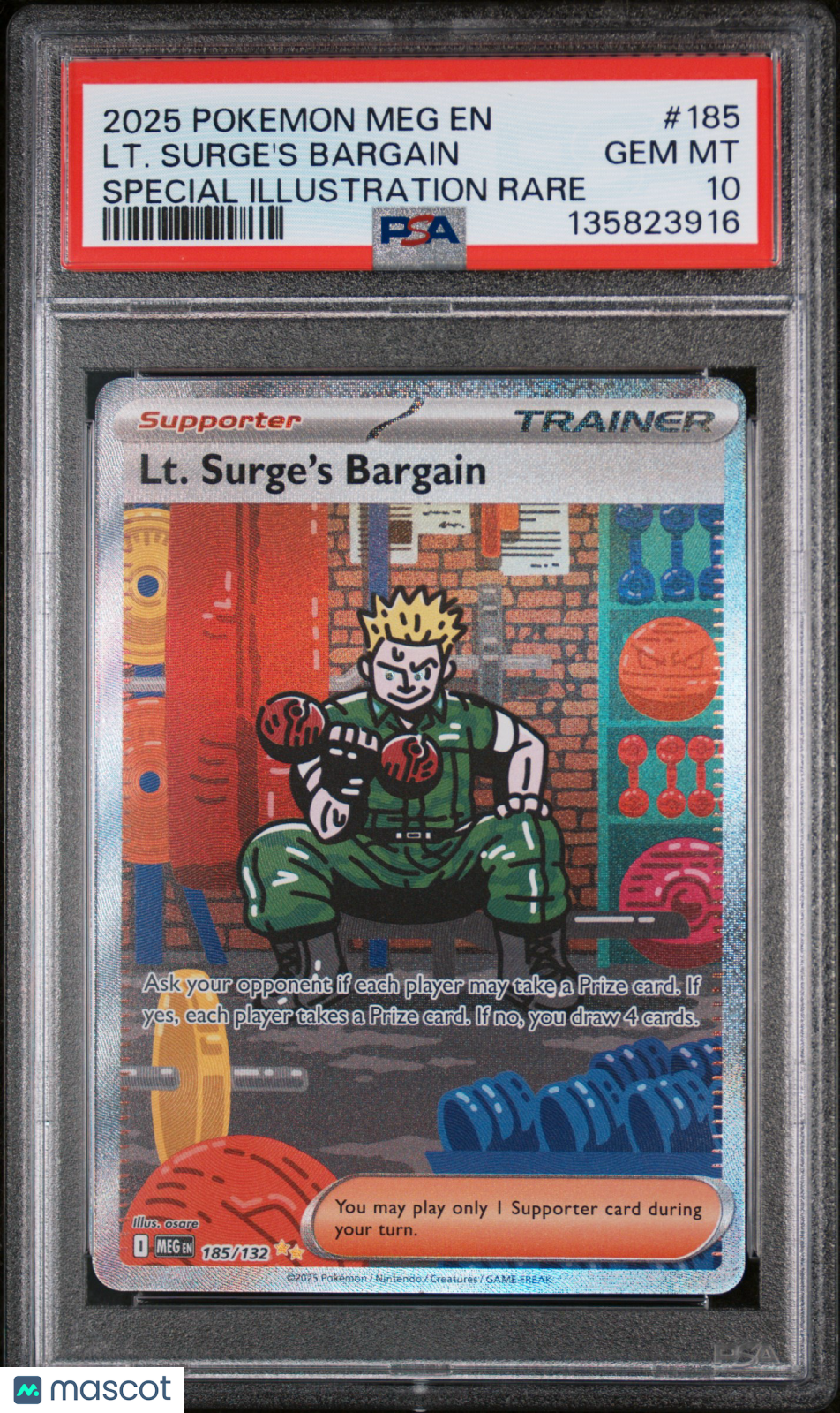 2025 Pokemon Meg EN-Mega Evolution LT. Surge's Bargain #185 Special Illustration Rare PSA 10