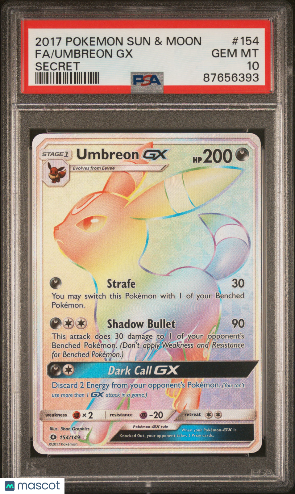 2017 Pokemon Sun & Moon Umbreon GX #154 Secret Fa PSA 10