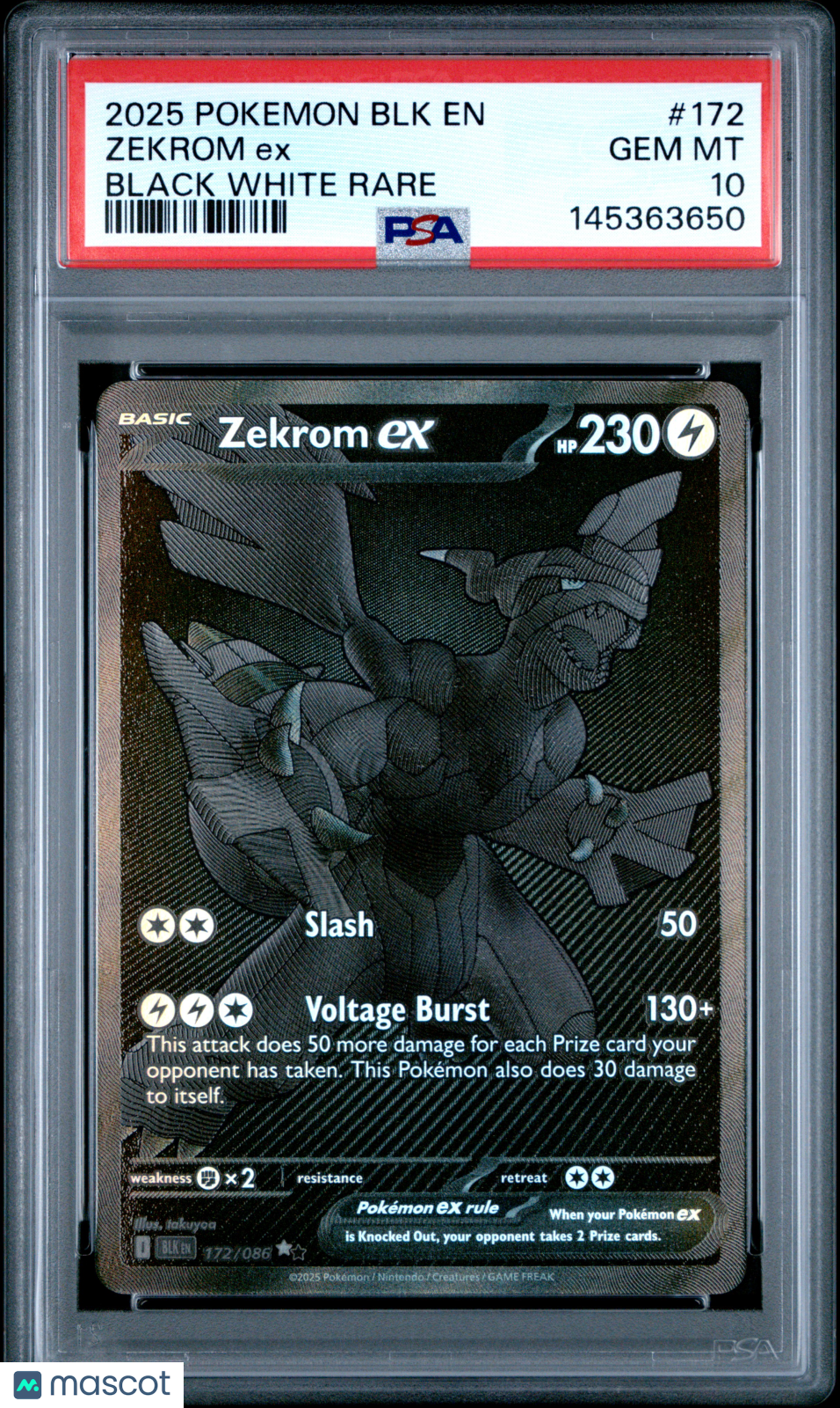 2025 Pokemon BLK EN-Black Bolt Zekrom EX #172 Black White Rare PSA 10