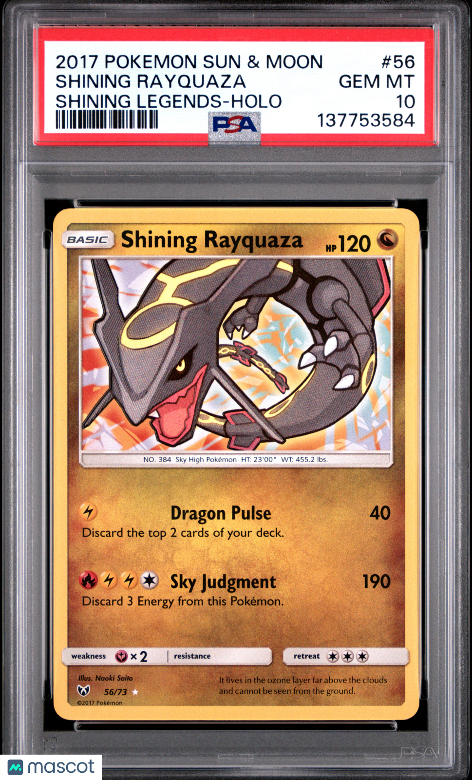 2017 Pokemon Sun & Moon Shining Legends Shining Rayquaza #56 Shining Legends-Holo PSA 10