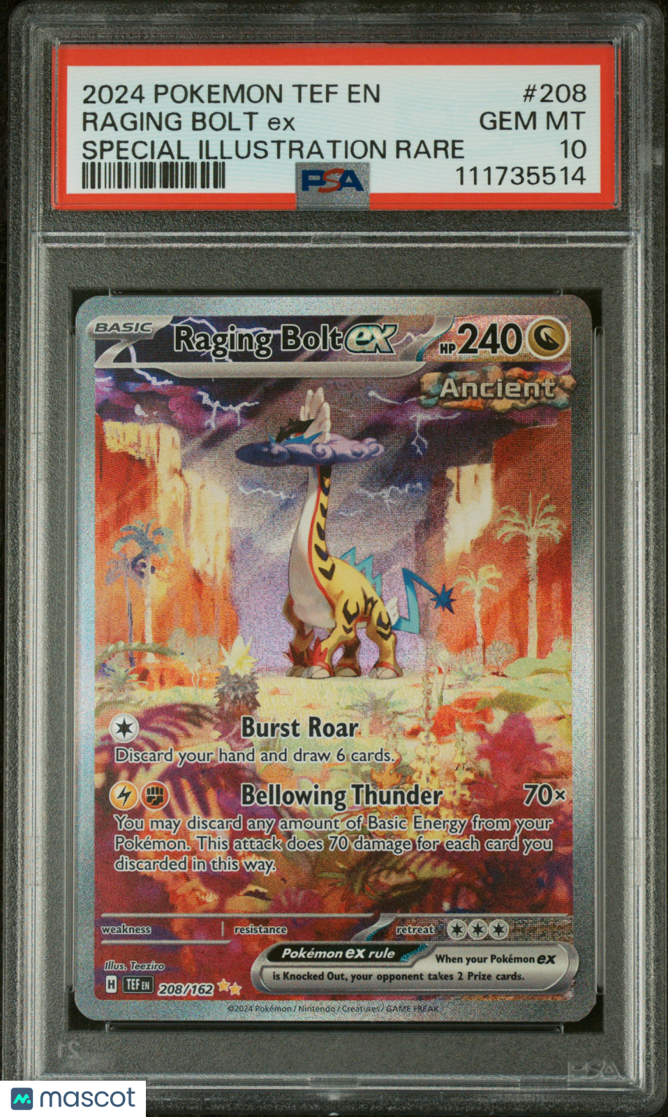 2024 Pokemon Tef EN-Temporal Forces Raging Bolt EX #208 Special Illustration Rare PSA 10