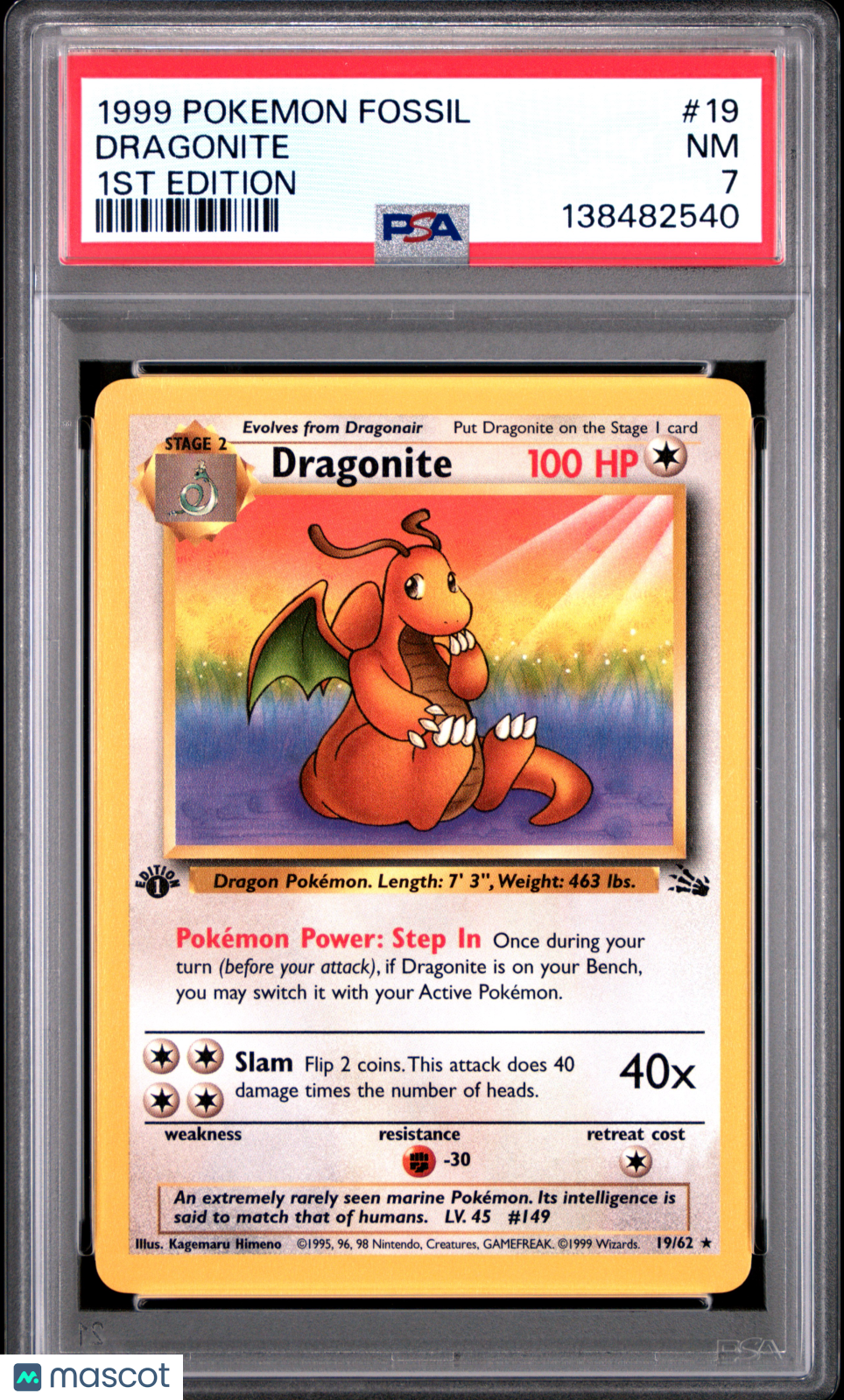 1999 Pokemon Fossil Dragonite #19 1st Edition PSA 7