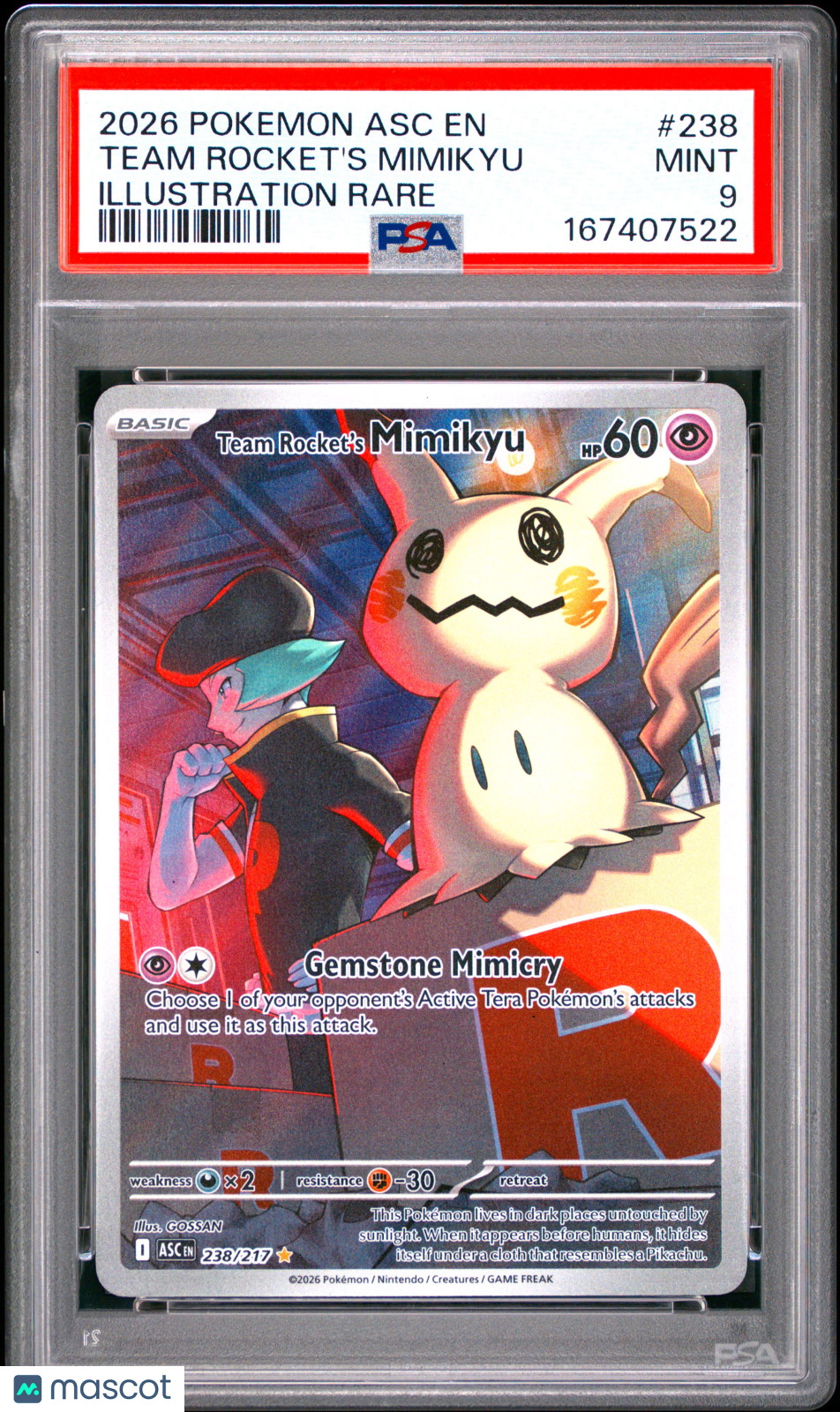 2026 Pokemon Asc EN-Ascended Heroes Team Rocket's Mimikyu #238 Illustration Rare PSA 9