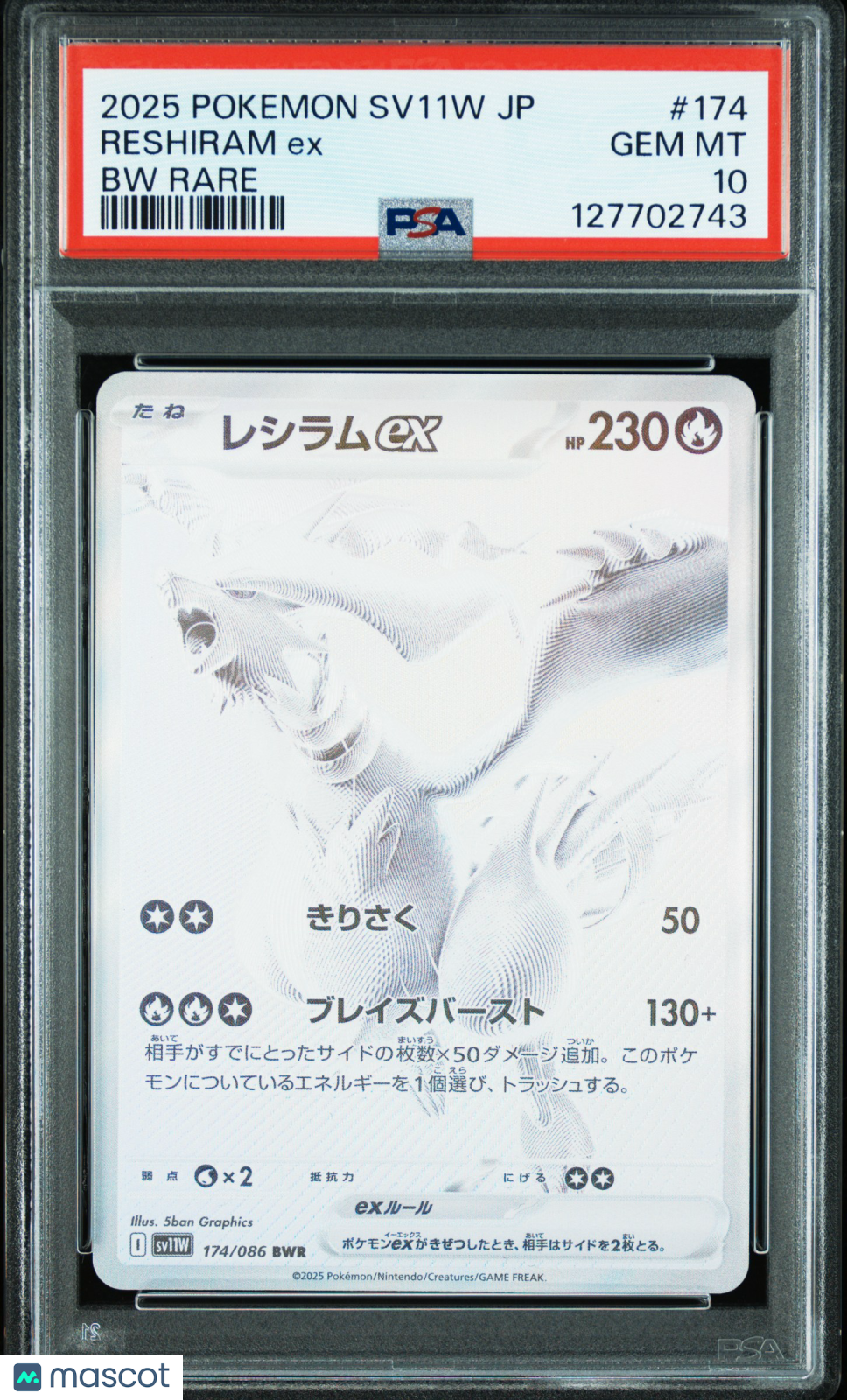 2025 Pokemon Japanese Sv11w-White Flare Reshiram EX #174 Japanese BW Rare PSA 10