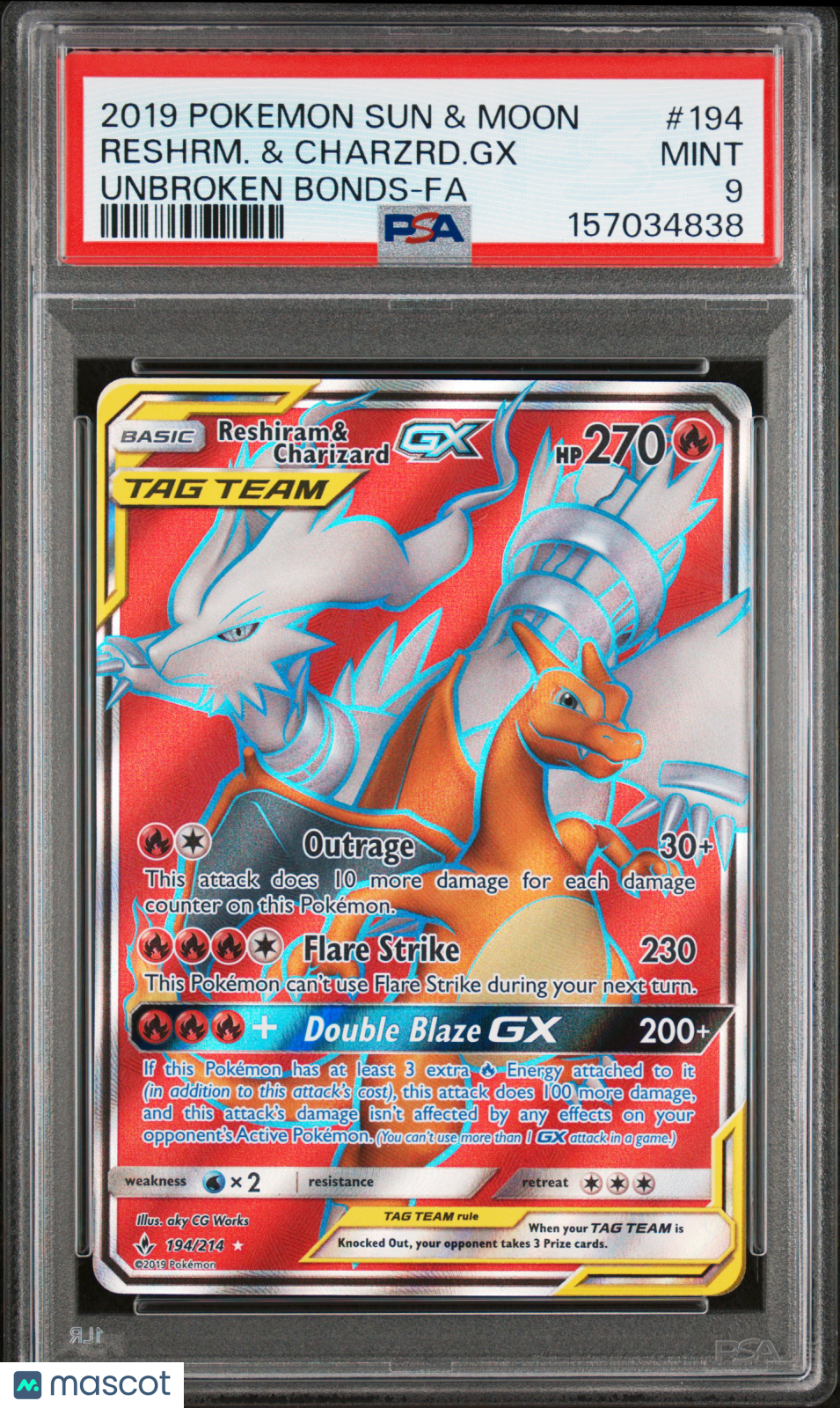 2019 Pokemon Sun & Moon Unbroken Bonds Reshrm. & Charzrd. GX #194 Unbroken Bonds-Fa PSA 9
