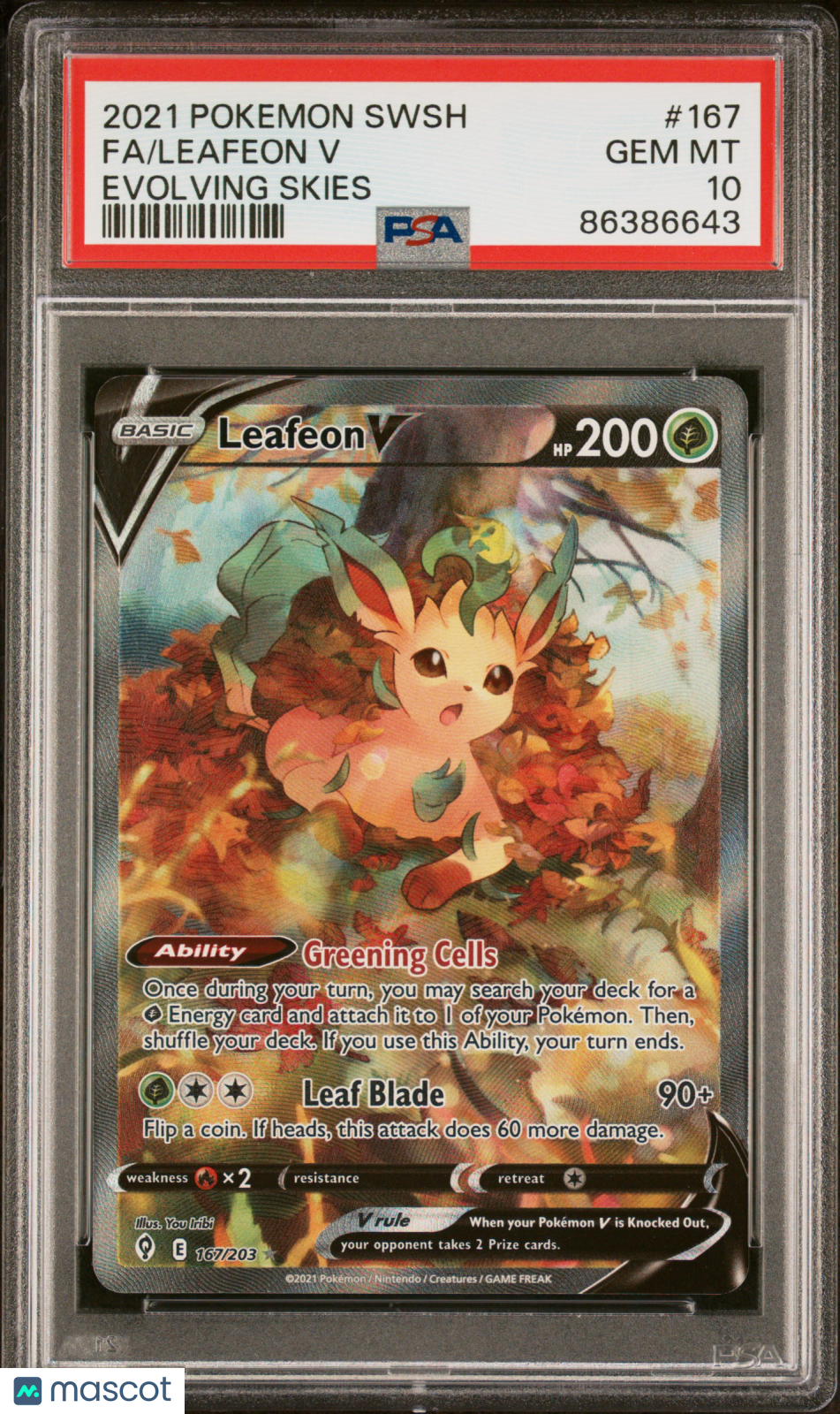 2021 Pokemon Sword & Shield Evolving Skies Leafeon V #167 Evolving Skies Fa PSA 10