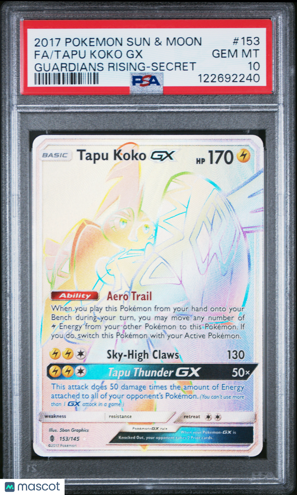 2017 Pokemon Sun & Moon Guardians Rising Tapu Koko GX #153 Fa Guardians Rising-Secret PSA 10