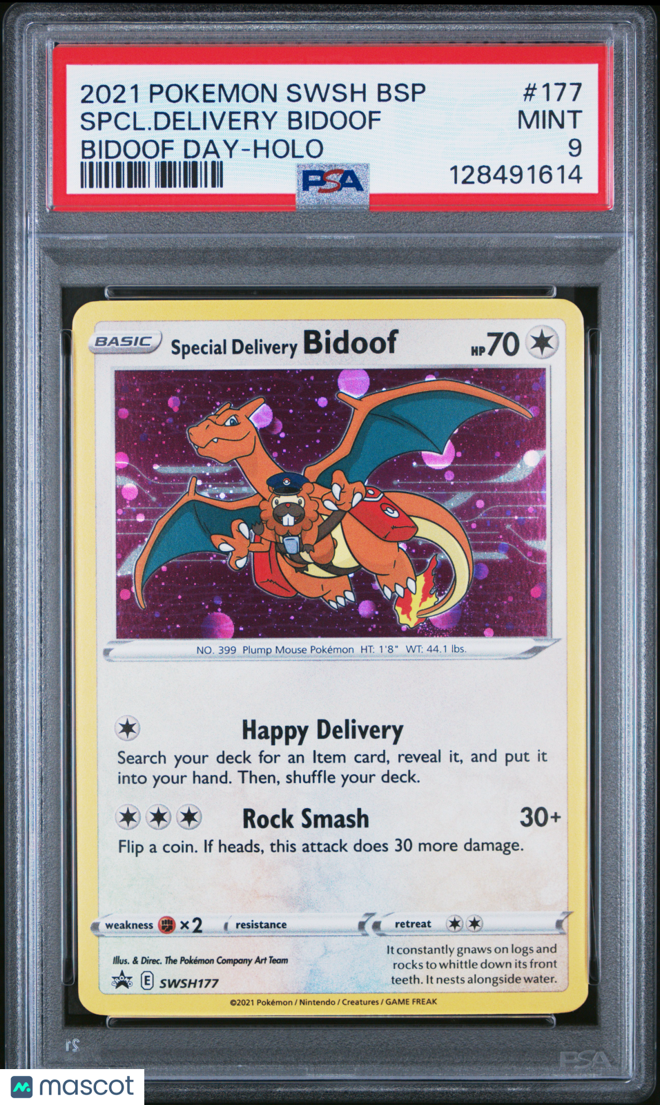 2021 Pokemon Swsh Black Star Promo Spcl. Delivery Bidoof #177 Bidoof Day-Holo PSA 9