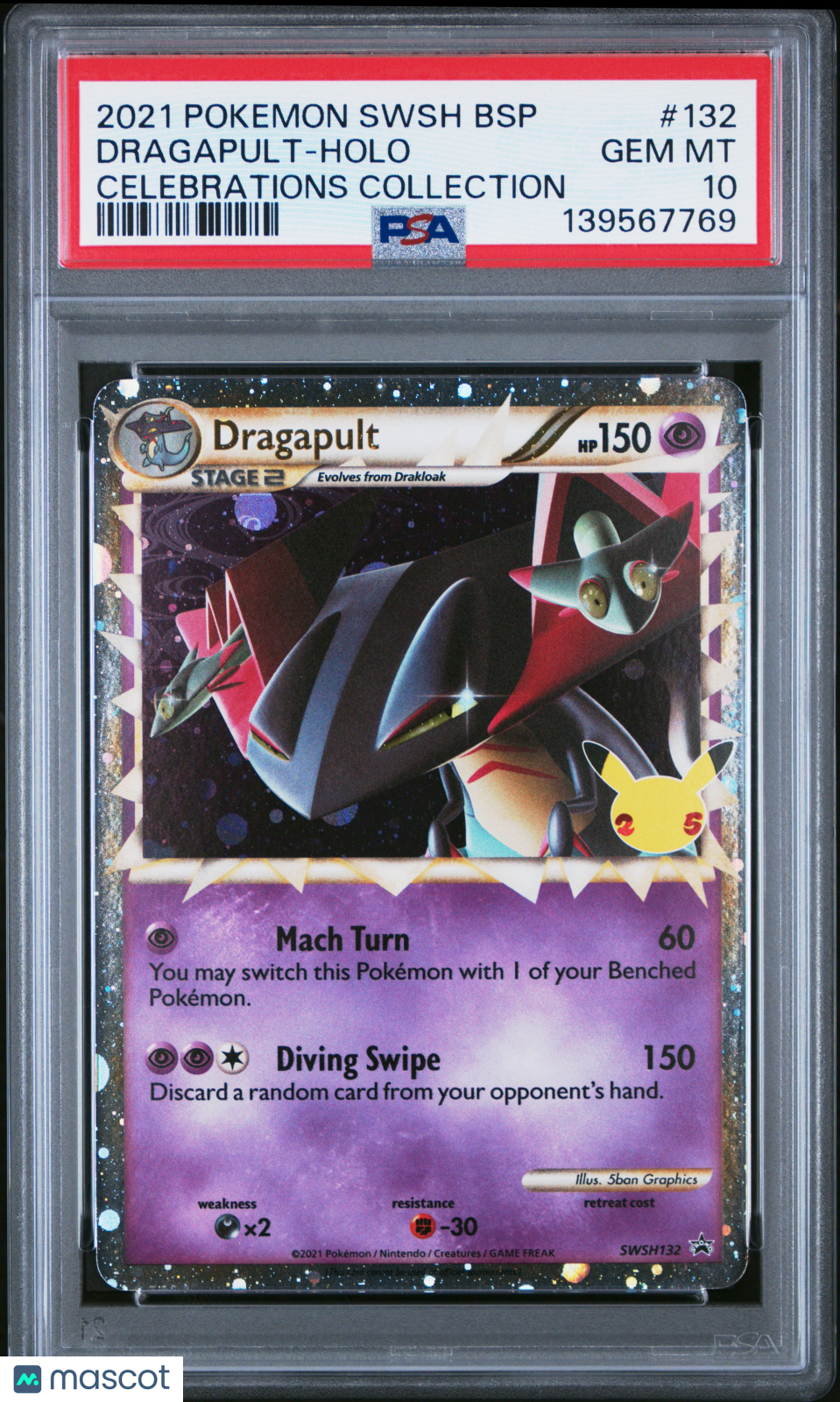 2021 Pokemon Swsh Black Star Promo Dragapult #132 Celebrations Collection PSA 10