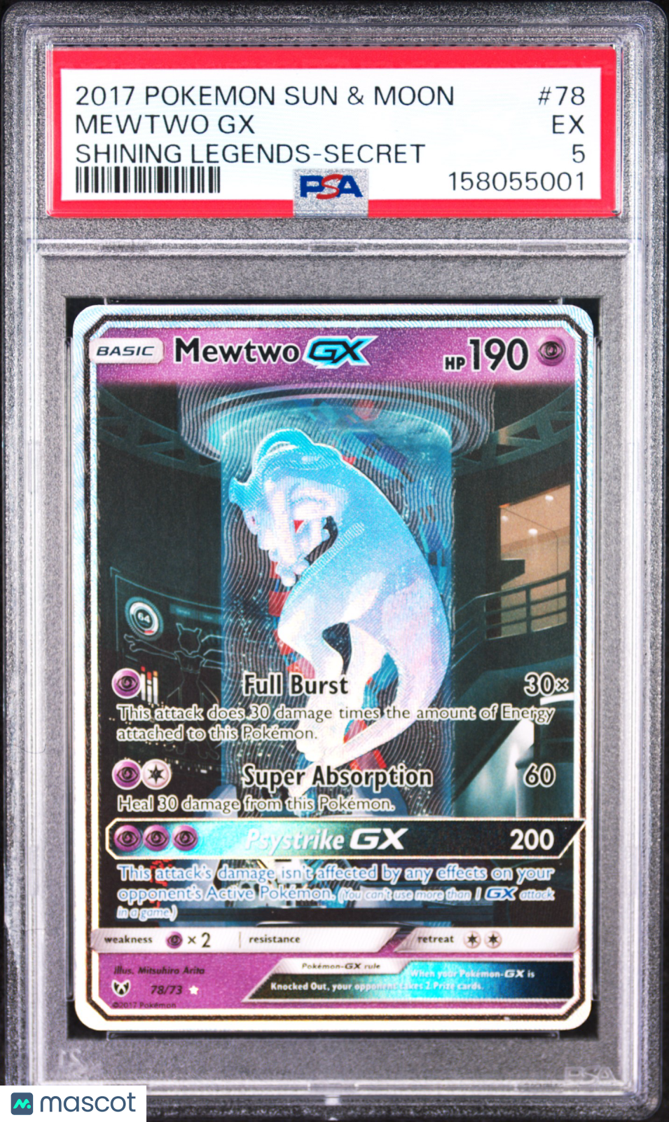 2017 Pokemon Sun & Moon Shining Legends Mewtwo GX #78 Shining Legends-Secret PSA 5