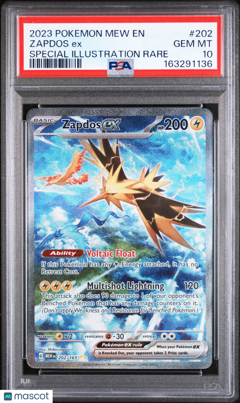 2023 Pokemon Mew EN-151 Zapdos EX #202 Special Illustration Rare PSA 10