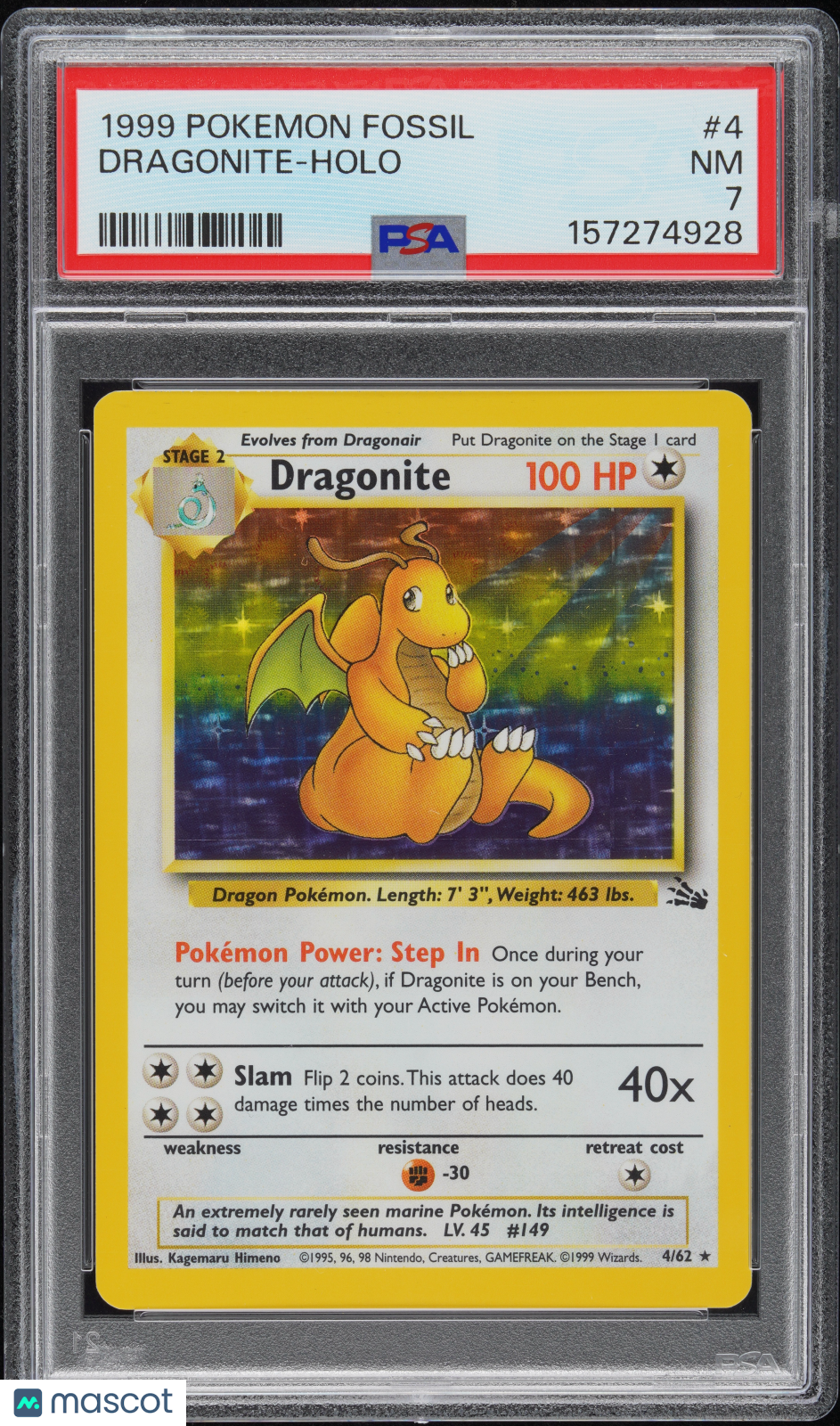 1999 Pokemon Fossil Dragonite #4 PSA 7