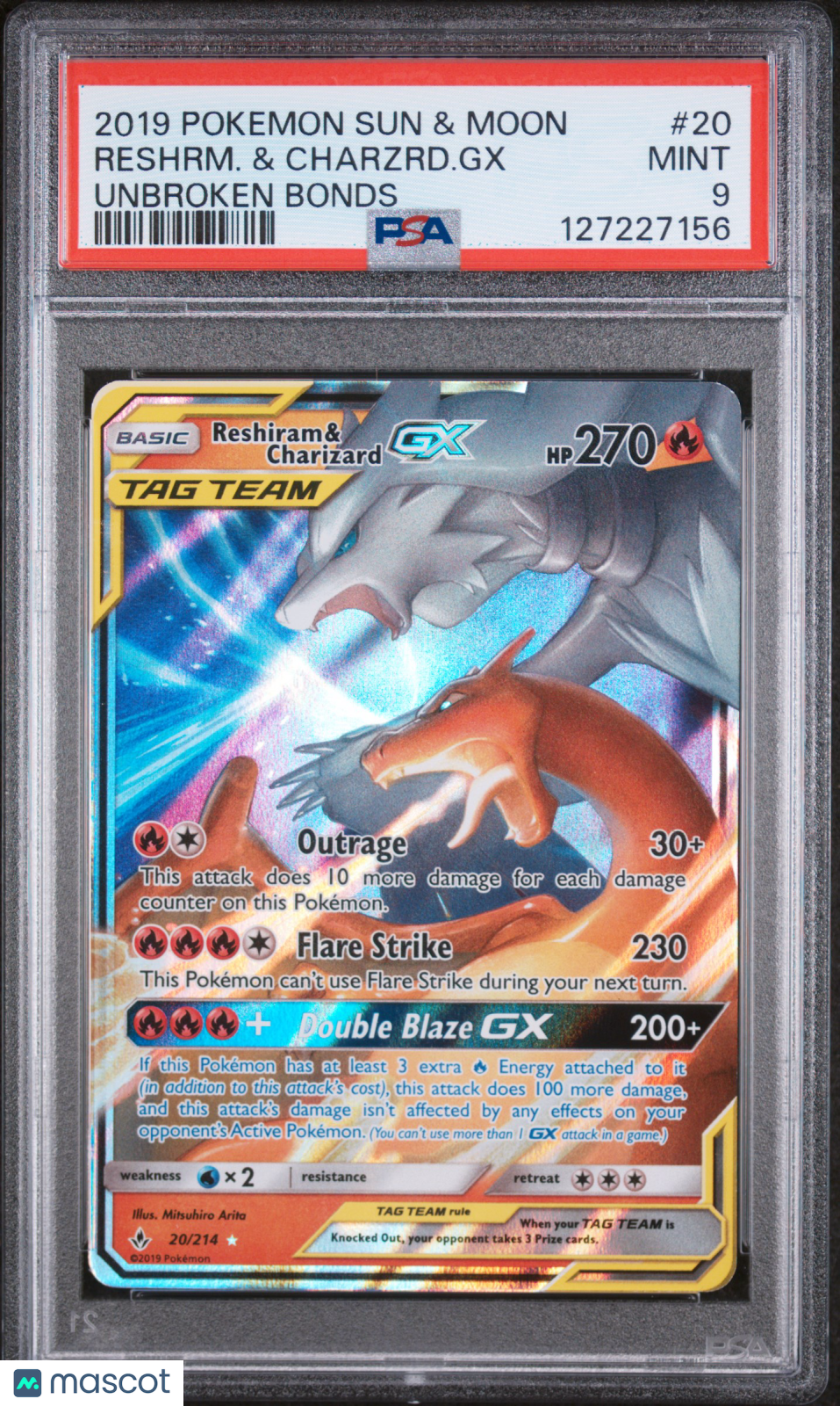 2019 Pokemon Sun & Moon Unbroken Bonds Reshrm. & Charzrd. GX #20 Unbroken Bonds PSA 9