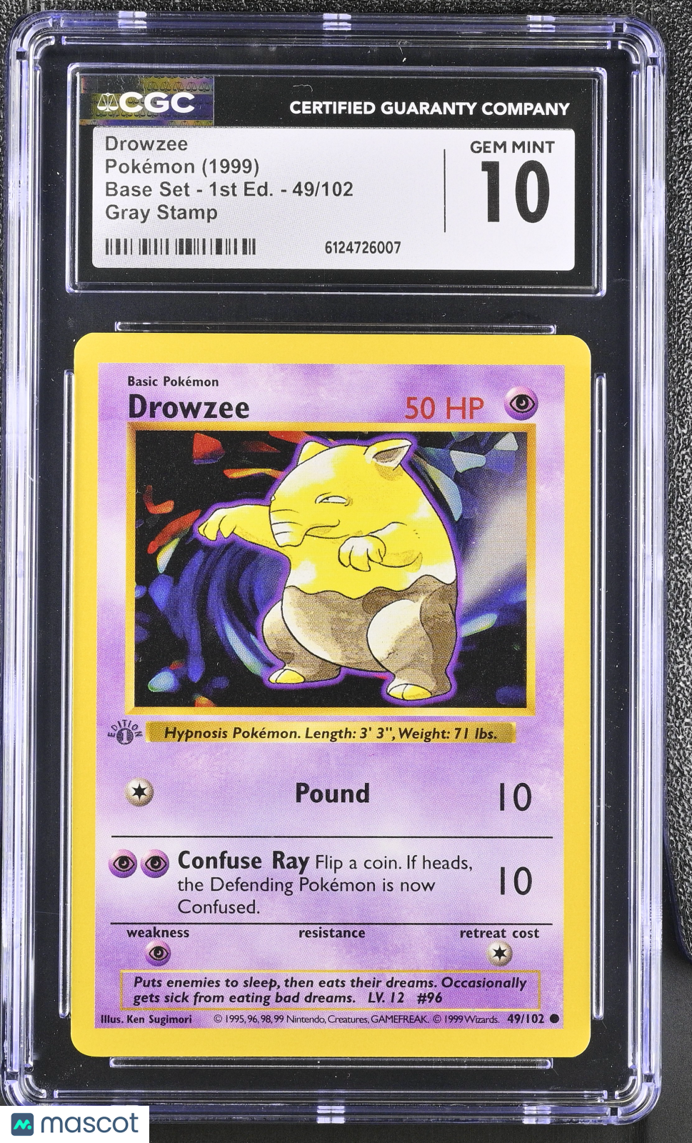 1999 Pokemon Base Set Drowzee Gray Stamp Error 49/102 1st Edition CGC 10 #49/102