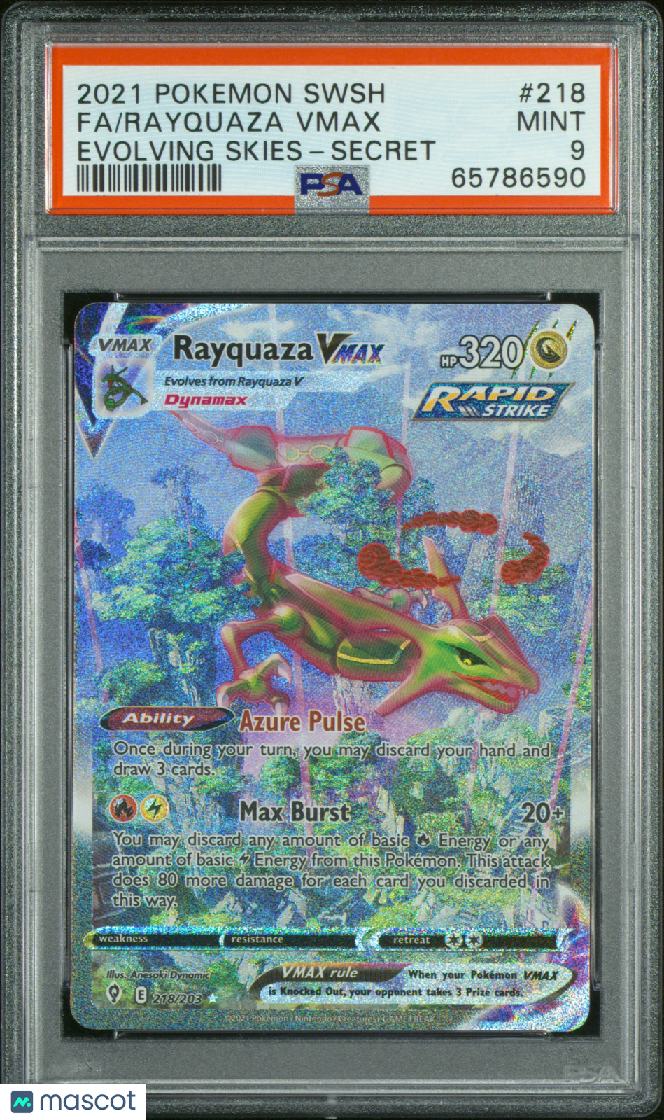 2021 Pokemon Sword & Shield Evolving Skies Rayquaza VMAX #218 Fa Evolving Skies-Secret PSA 9