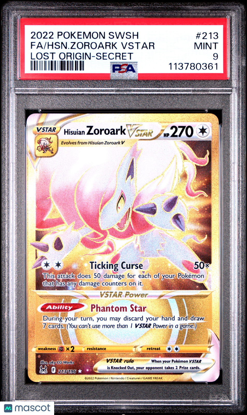 2022 Pokemon Sword & Shield Lost Origin HSN. Zoroark VSTAR #213 Lost Origin-Secret Fa PSA 9