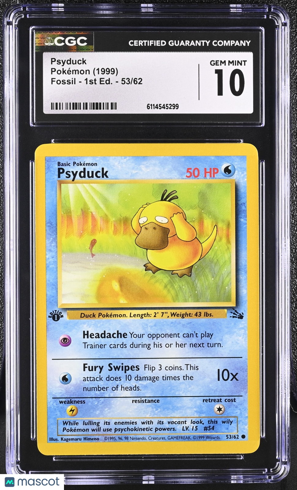 1999 Pokemon Psyduck #53/62 53/62 1st Edition CGC 10