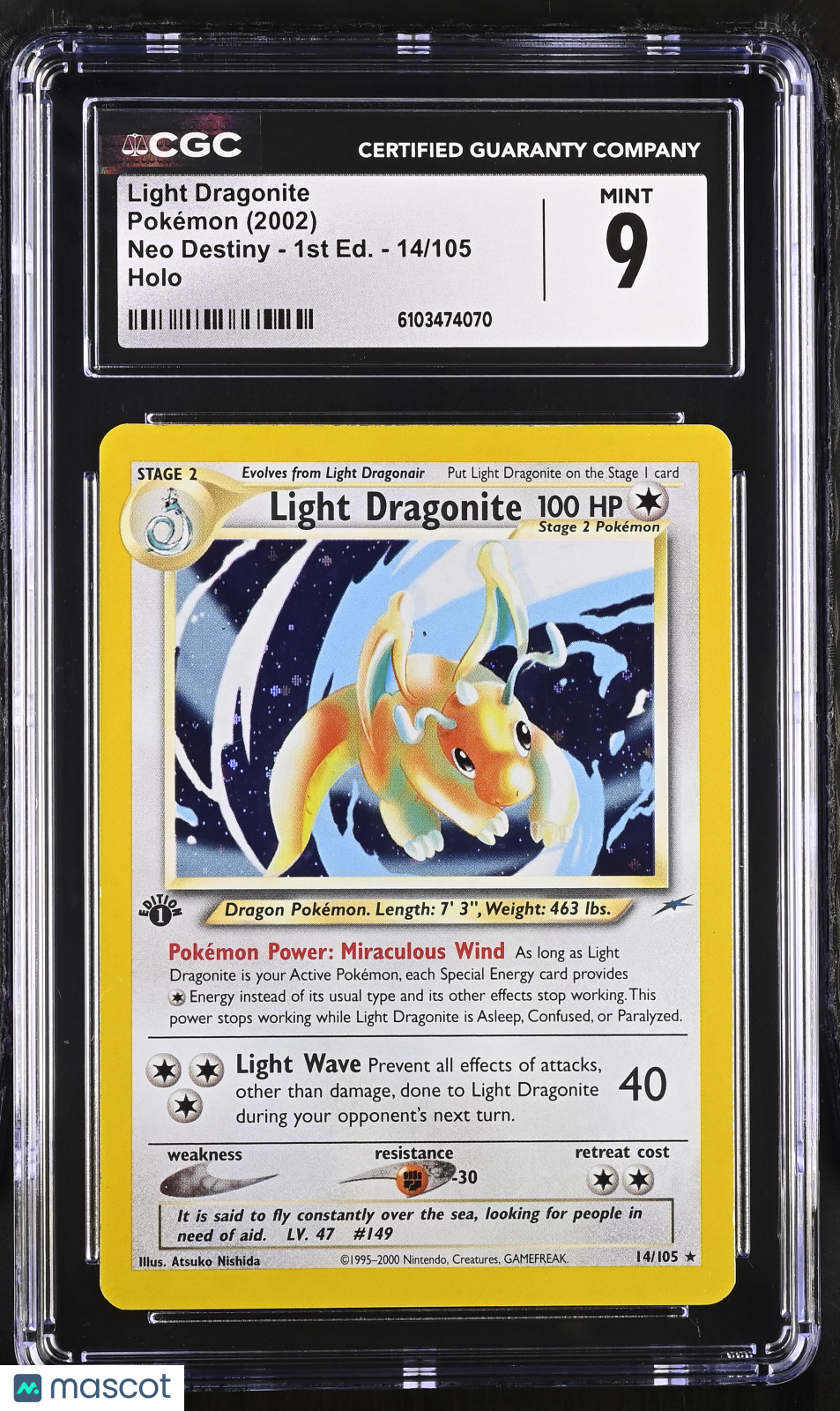 2002 Pokemon Light Dragonite #14/105 1st Edition CGC 9