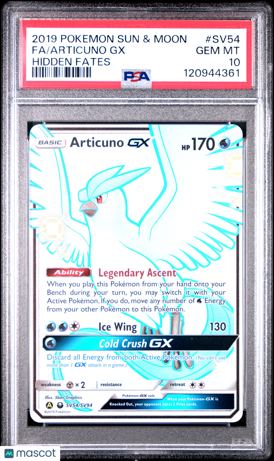 2019 Pokemon Sun & Moon Hidden Fates Articuno GX #SV54 Fa Hidden Fates PSA 10