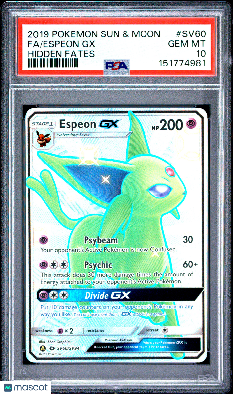 2019 Pokemon Sun & Moon Hidden Fates Espeon GX #SV60 Fa Hidden Fates PSA 10