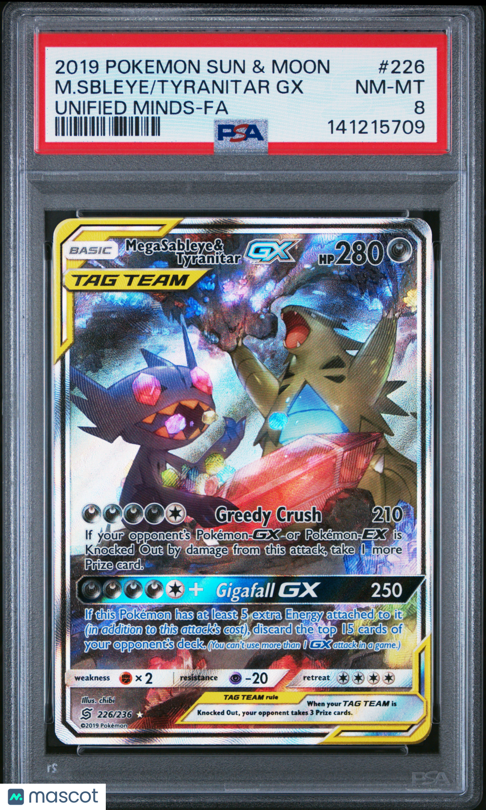 2019 Pokemon Sun & Moon Unified Minds M. Sbleye Tyranitar GX #226 Unified Minds-Fa PSA 8