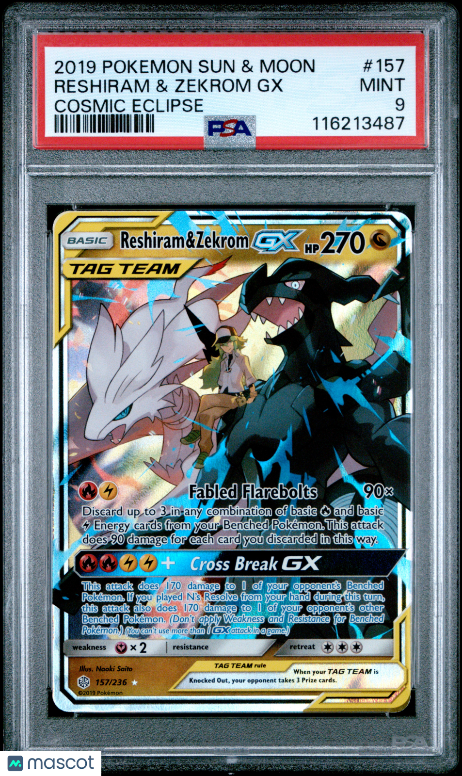 2019 Pokemon Sun & Moon Cosmic Eclipse Reshiram & Zekrom GX #157 Cosmic Eclipse PSA 9
