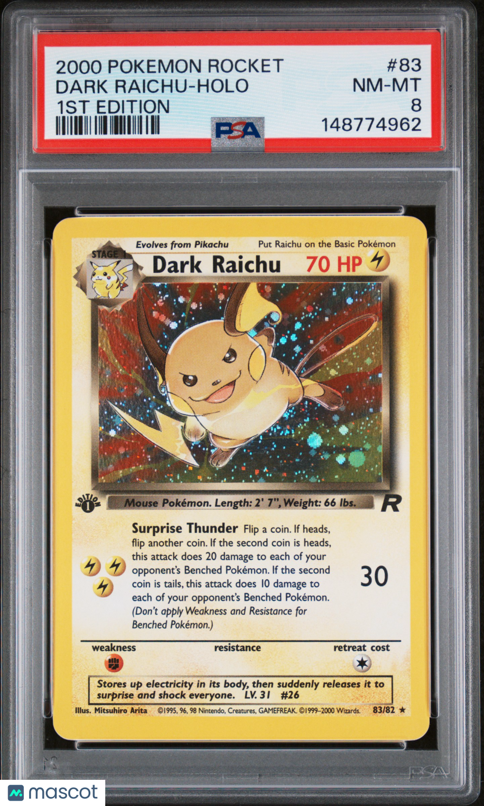 2000 Pokemon Rocket Dark Raichu #83 1st Edition PSA 8