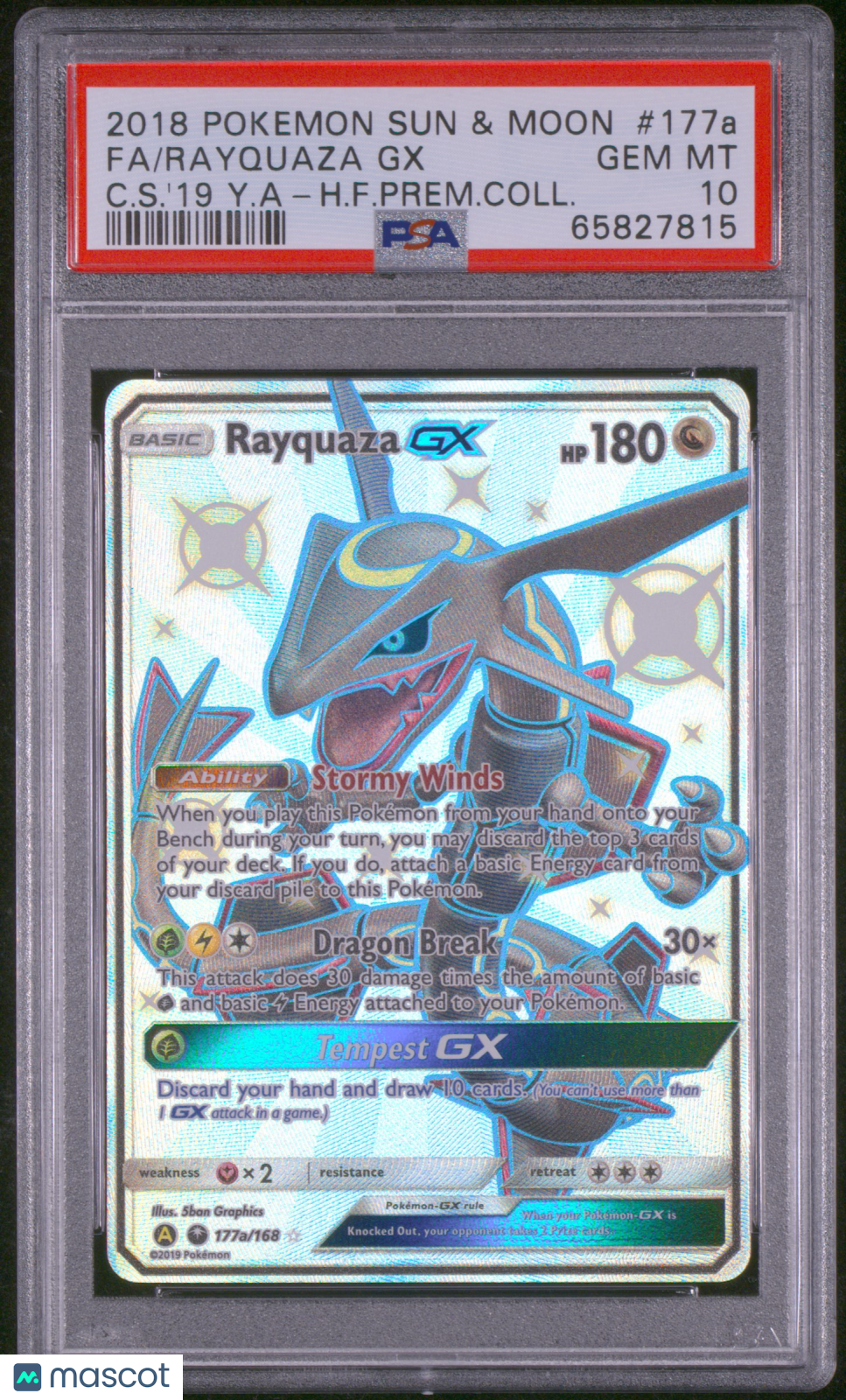 2018 Pokemon Sun & Moon Celestial Storm Rayquaza GX #177a Fa C.S.'19 Y.A-H.F.Prem.Coll. PSA 10
