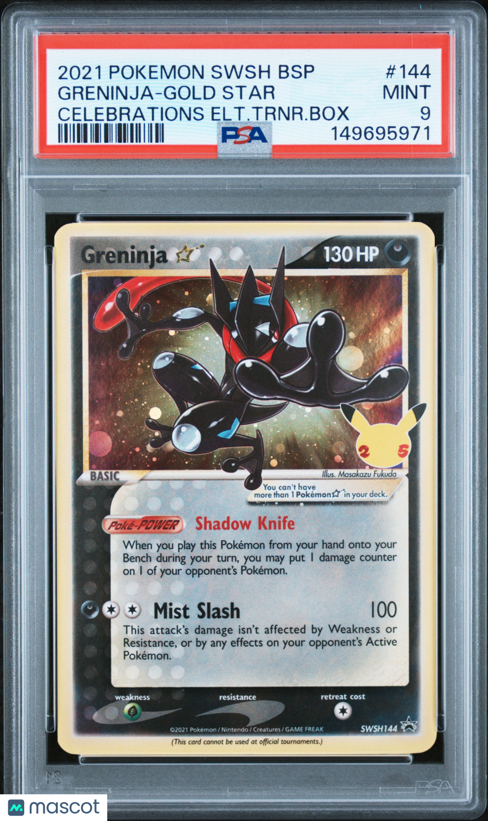 2021 Pokemon Swsh Black Star Promo Greninja-Gold Star #144 Celebrations Elt.Trnr.Box PSA 9