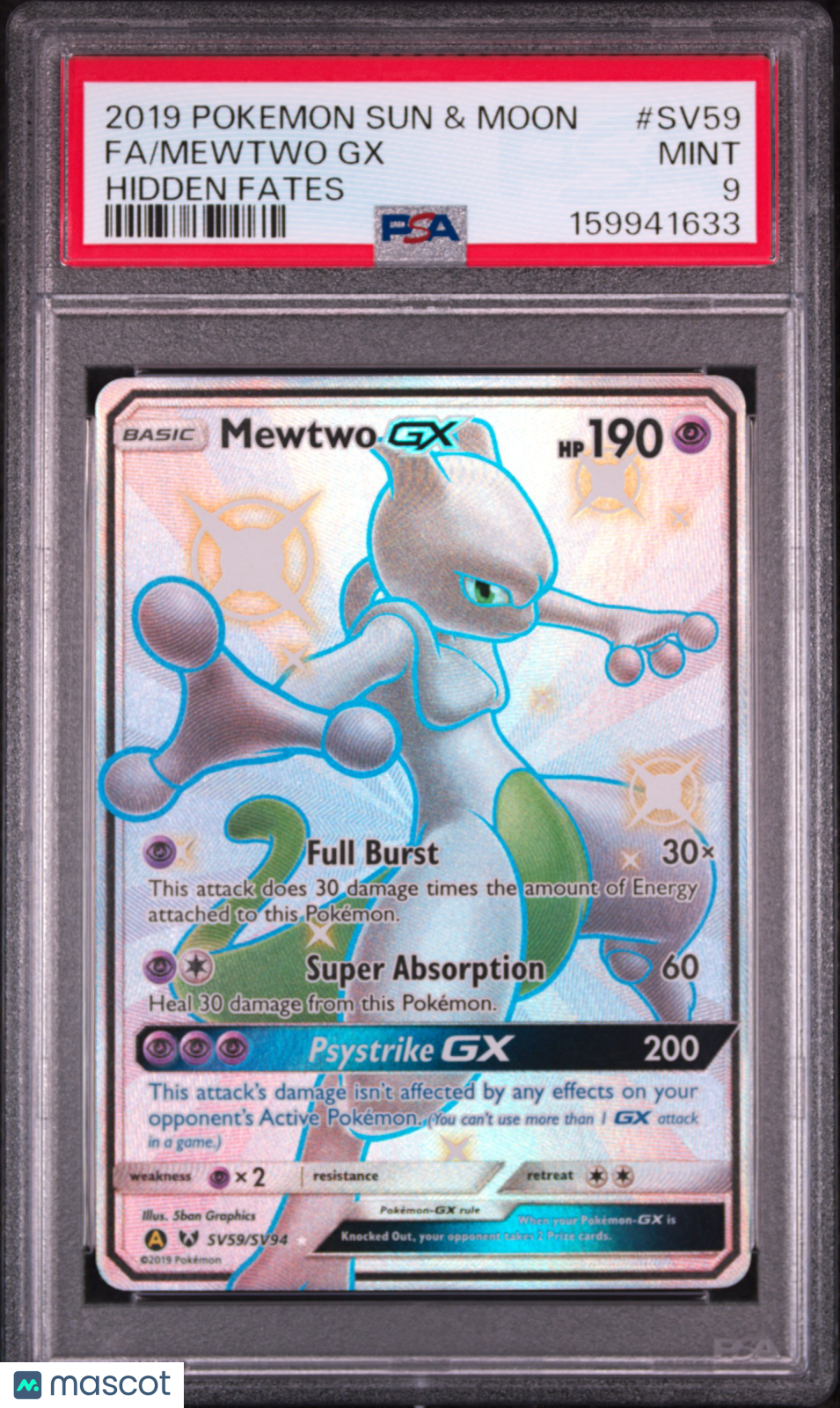 2019 Pokemon Sun & Moon Hidden Fates Mewtwo GX #SV59 Fa Hidden Fates PSA 9