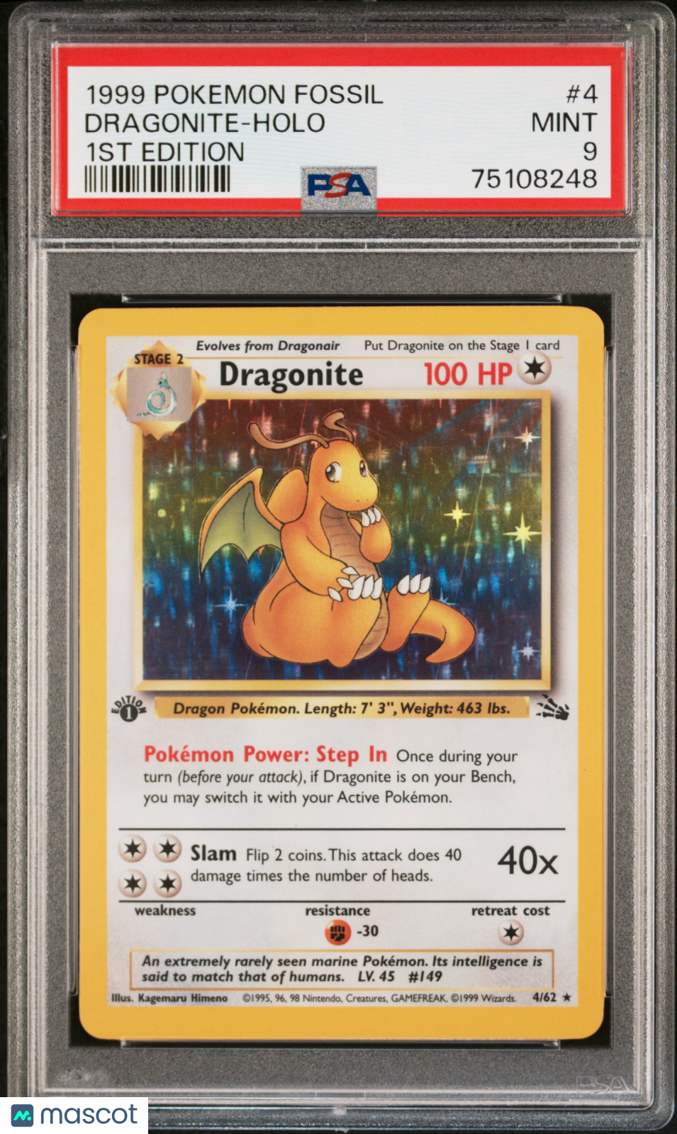 1999 Pokemon Fossil Dragonite #4 1st Edition PSA 9