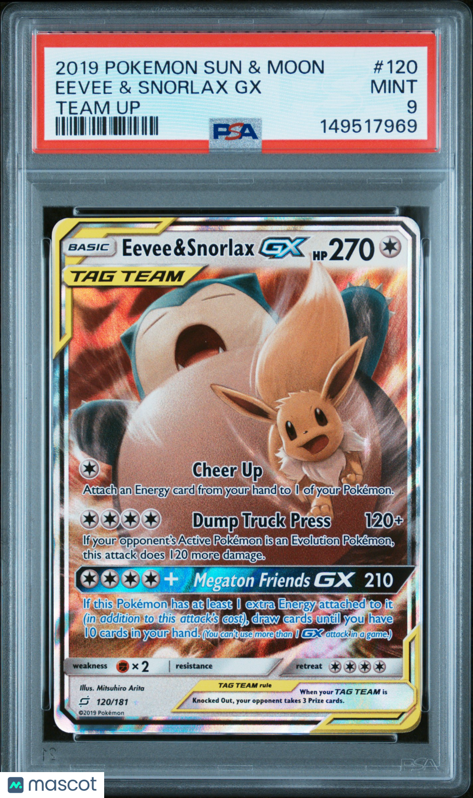 2019 Pokemon Sun & Moon Team Up Eevee & Snorlax GX #120 Team Up PSA 9