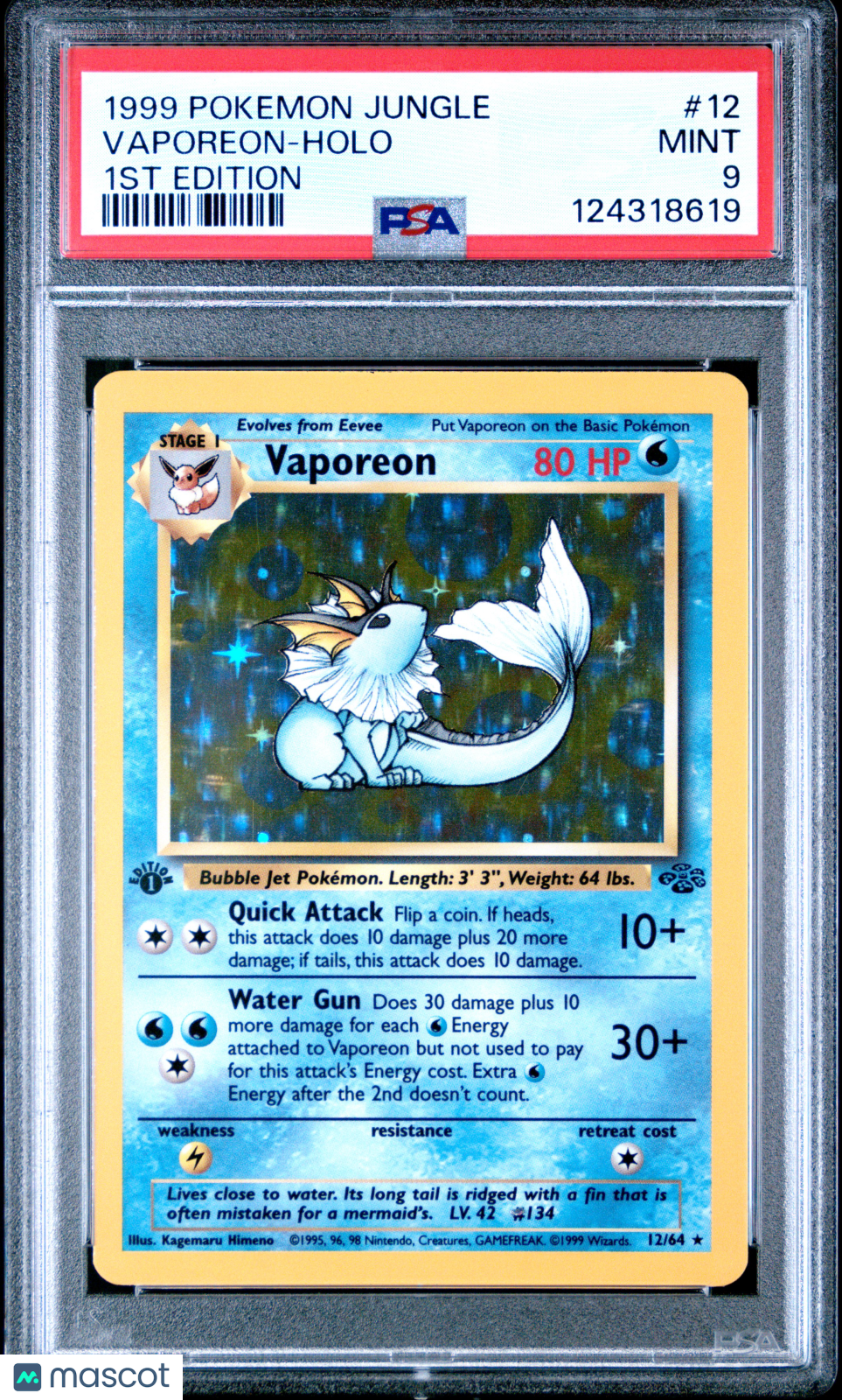 1999 Pokemon Jungle Vaporeon #12 1st Edition PSA 9
