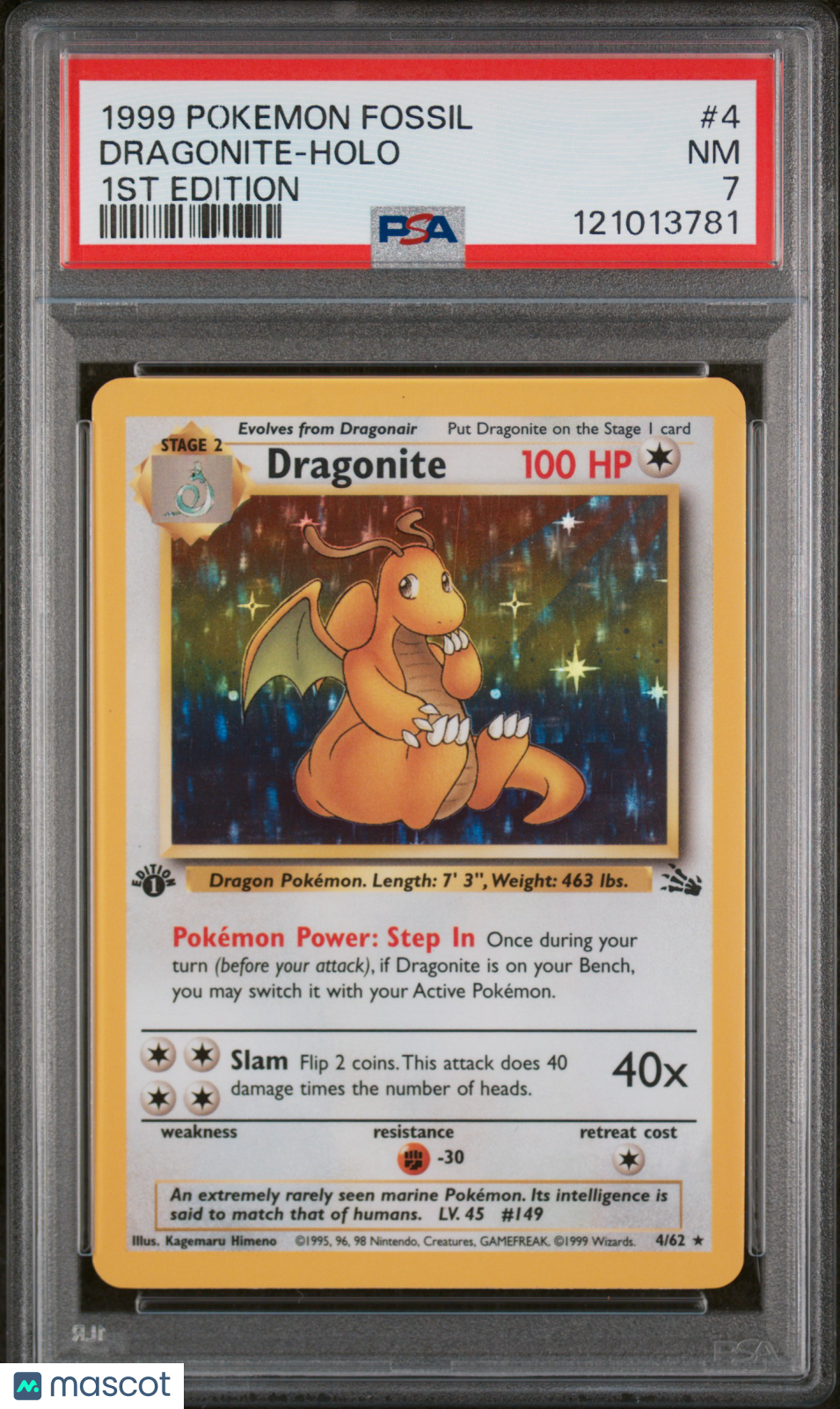 1999 Pokemon Fossil Dragonite #4 1st Edition PSA 7