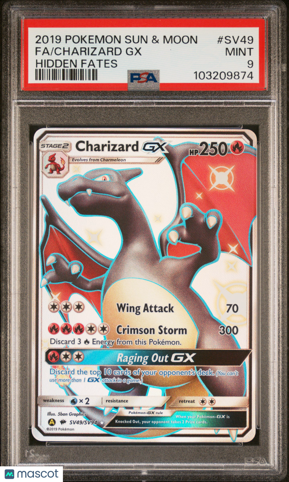 2019 Pokemon Sun & Moon Hidden Fates Charizard GX #SV49 Fa Hidden Fates PSA 9