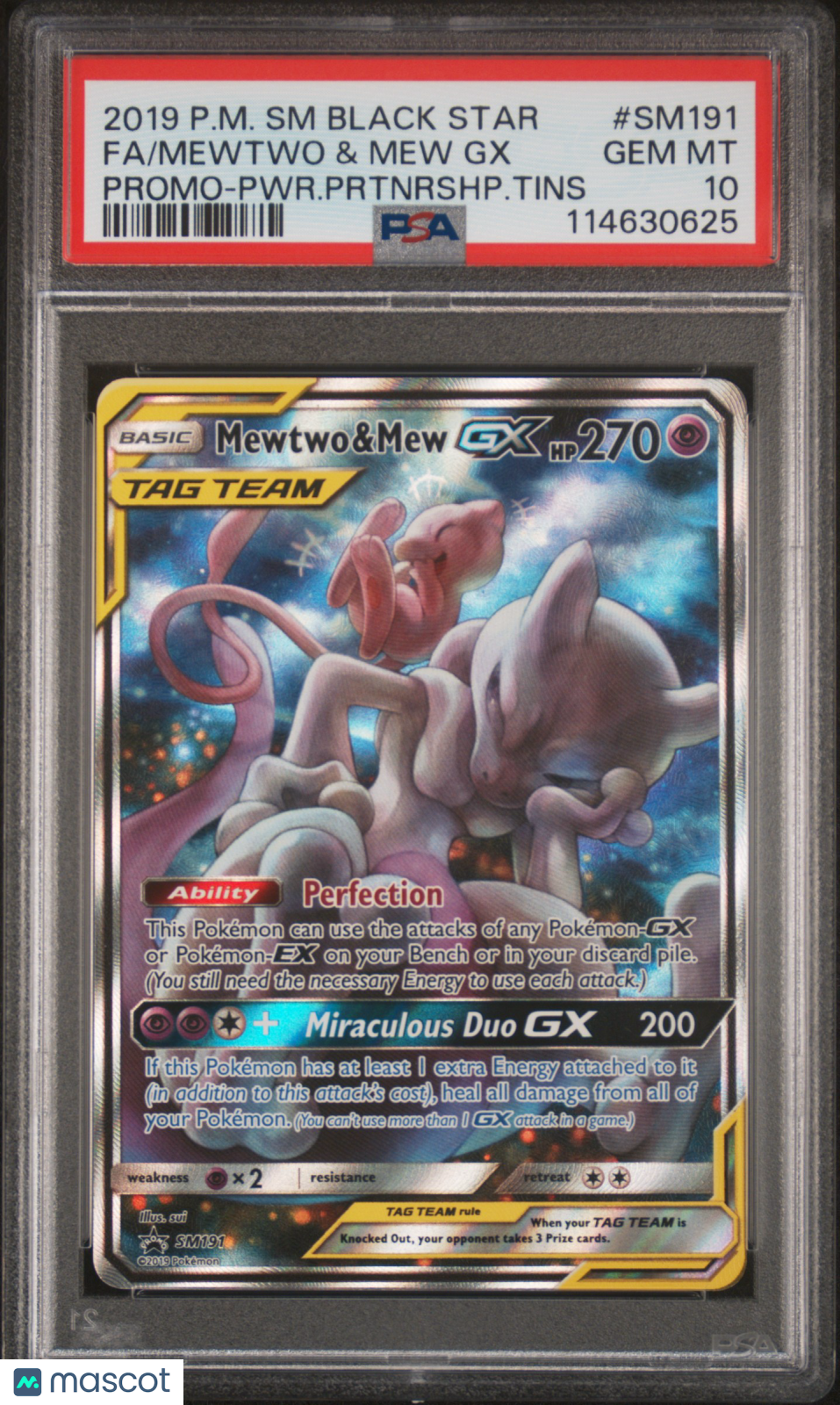 2019 Pokemon SM Black Star Promo Mewtwo & Mew GX #SM191 Promo-PWR.Prtnrshp.Tins Fa PSA 10