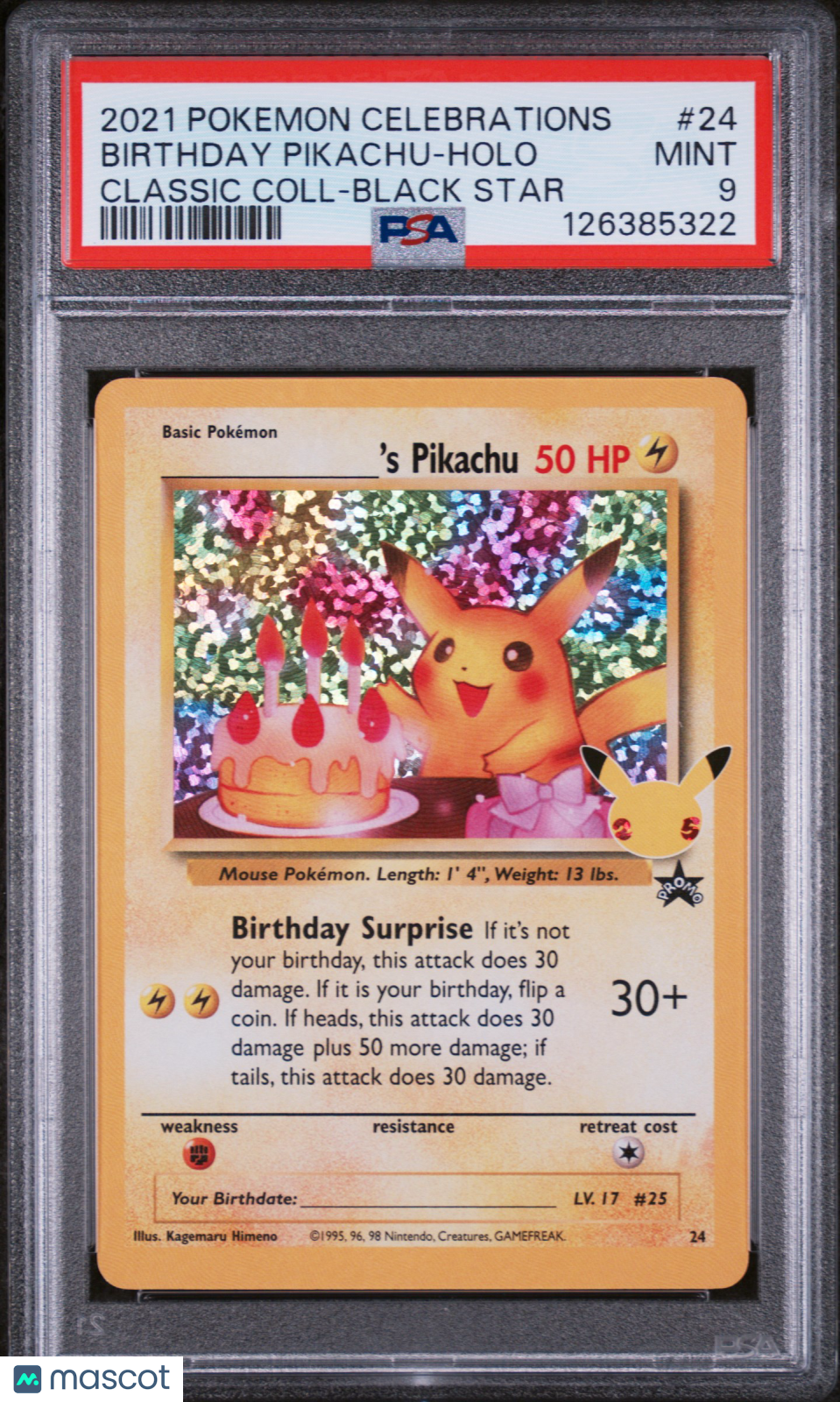 2021 Pokemon Celebrations Classic Collection Birthday Pikachu #24 Classic Coll-Black Star PSA 9