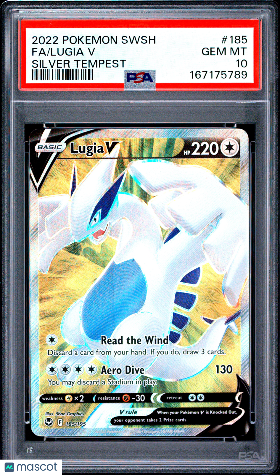 2022 Pokemon Sword & Shield Silver Tempest Lugia V #185 Fa Silver Tempest PSA 10