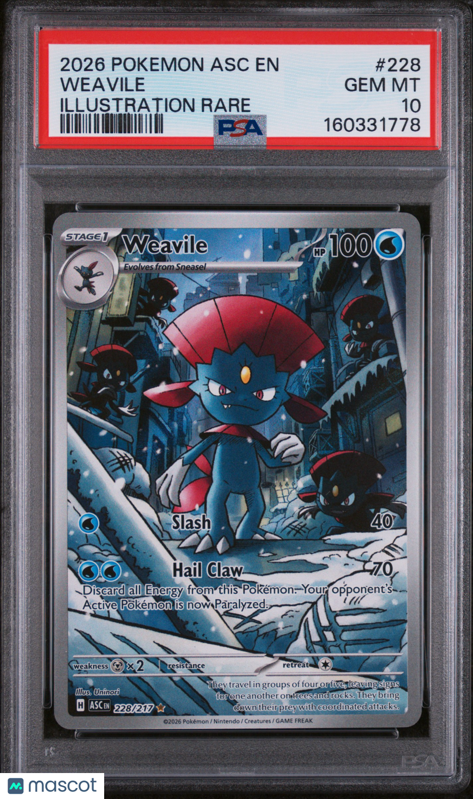 2026 Pokemon Asc EN-Ascended Heroes Weavile #228 Illustration Rare PSA 10