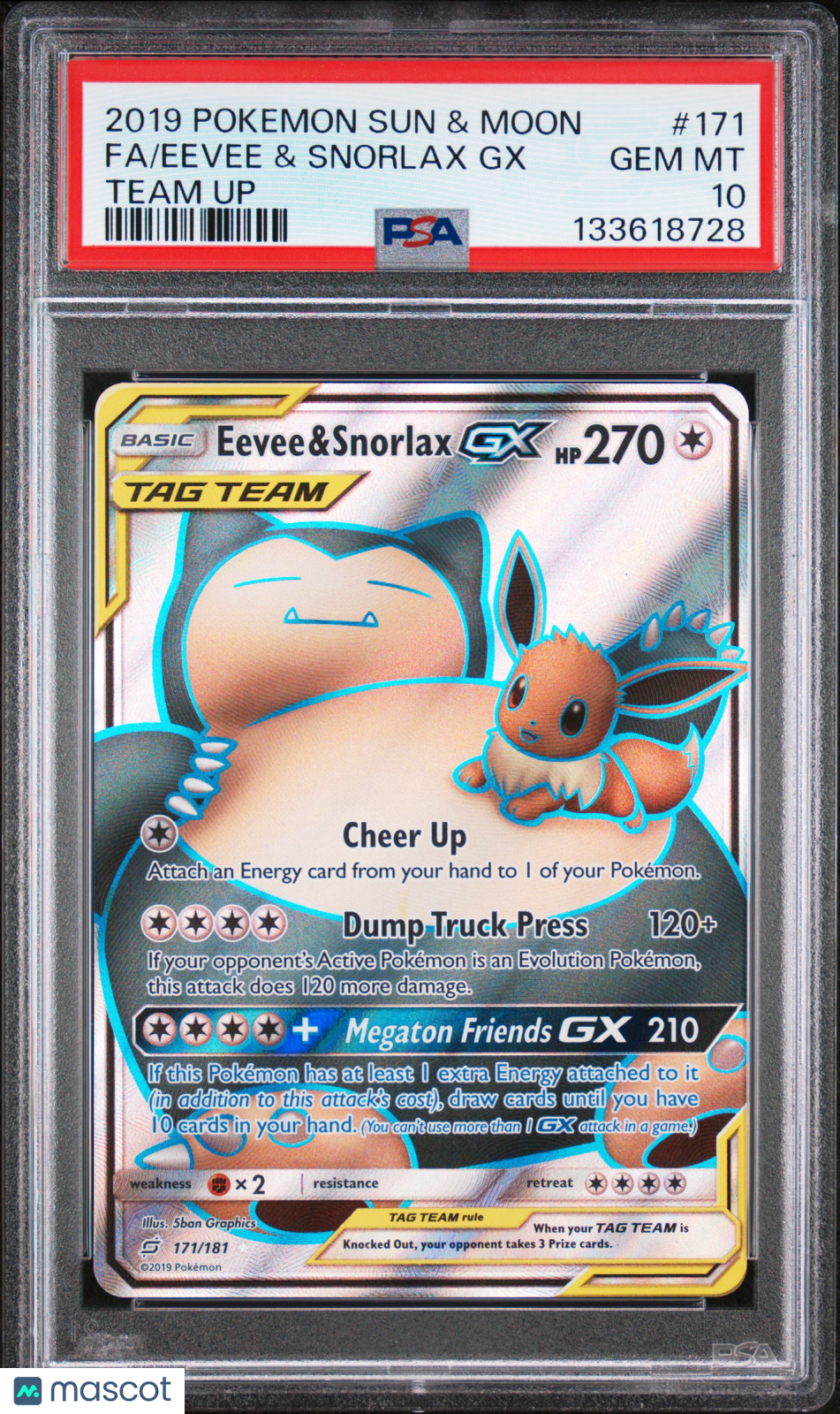 2019 Pokemon Sun & Moon Team Up Eevee & Snorlax GX #171 Fa Team Up PSA 10