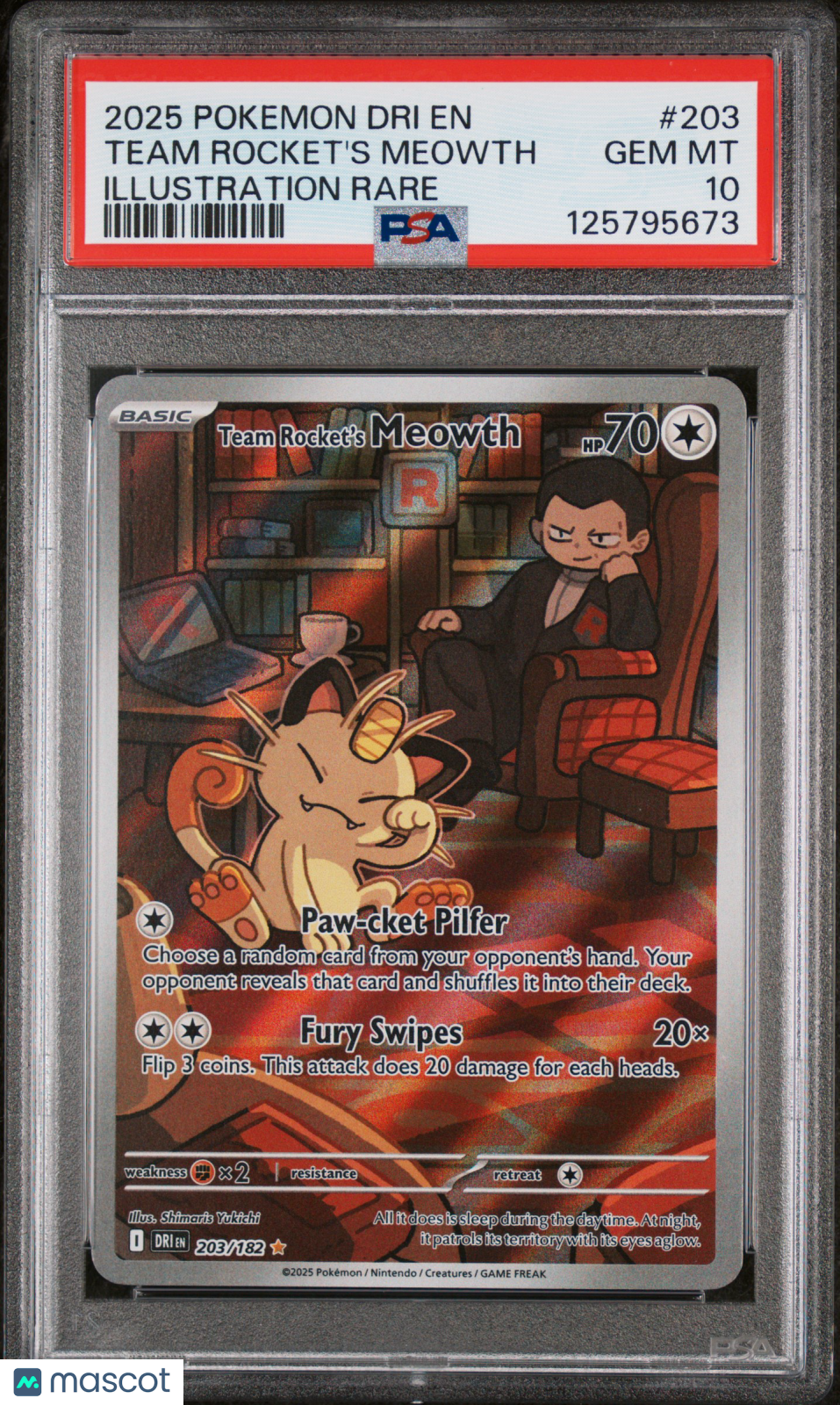 2025 Pokemon Dri EN-Destined Rivals Team Rocket's Meowth #203 Illustration Rare PSA 10