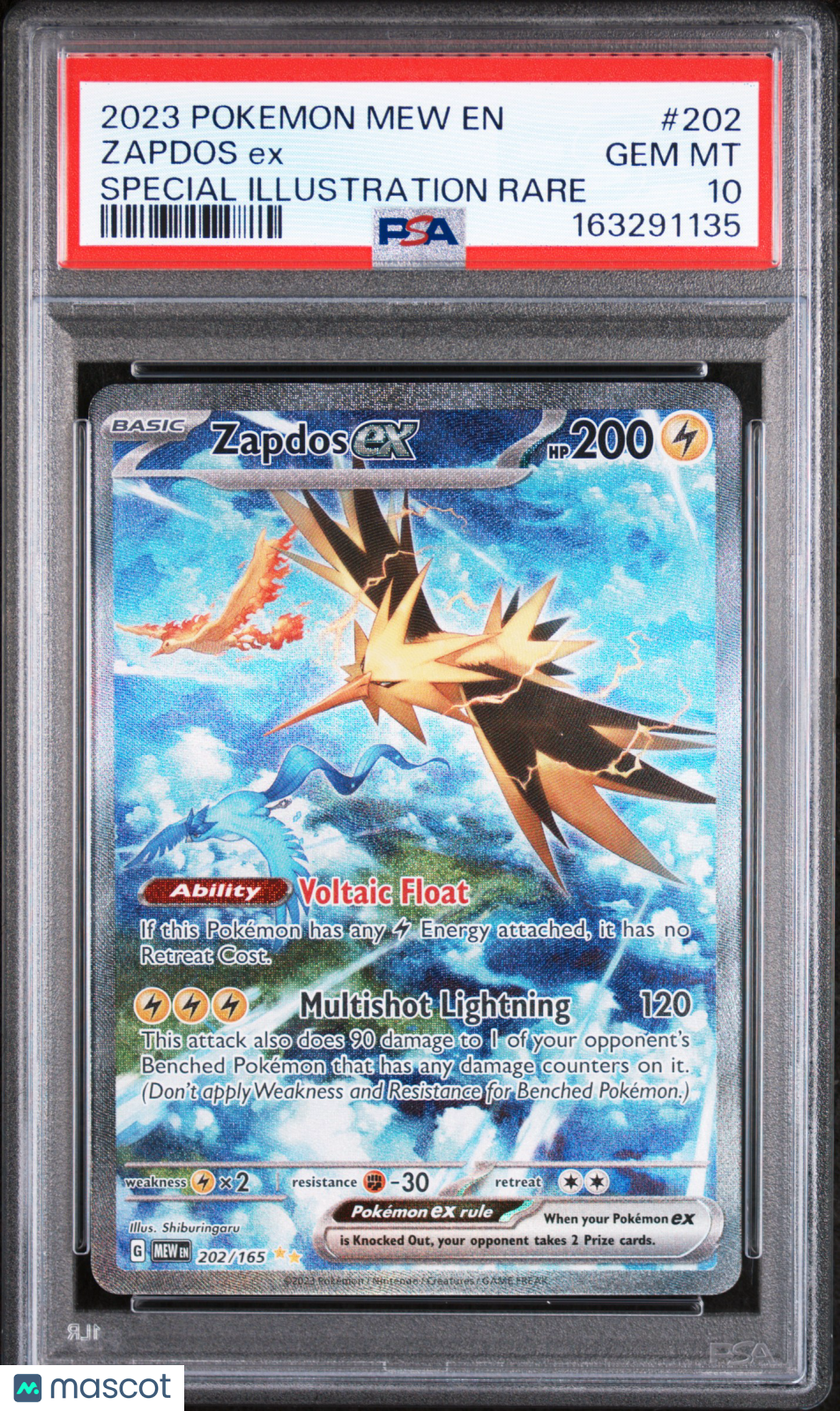 2023 Pokemon Mew EN-151 Zapdos EX #202 Special Illustration Rare PSA 10