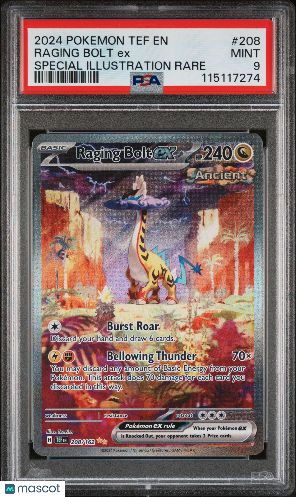 2024 Pokemon Tef EN-Temporal Forces Raging Bolt EX #208 Special Illustration Rare PSA 9