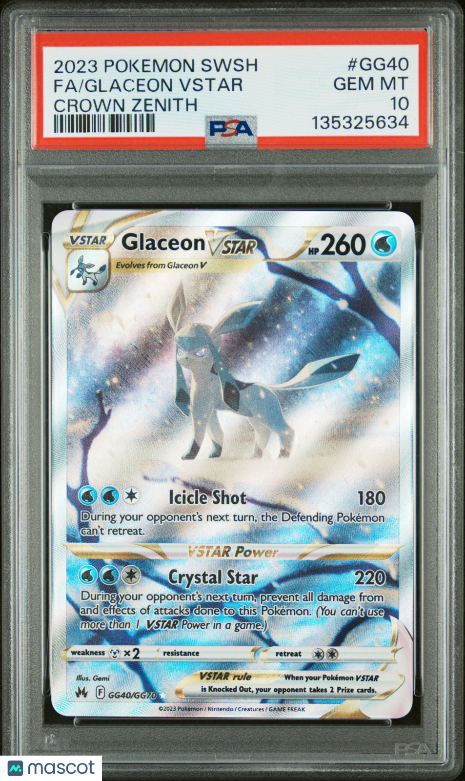 2023 Pokemon Sword And Shield Crown Zenith Glaceon VSTAR #GG40 Crown Zenith Fa PSA 10