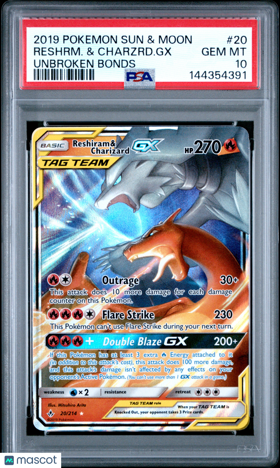 2019 Pokemon Sun & Moon Unbroken Bonds Reshrm. & Charzrd. GX #20 Unbroken Bonds PSA 10