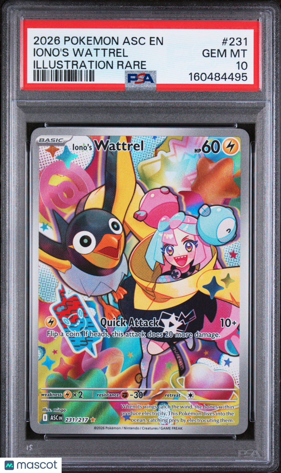 2026 Pokemon Asc EN-Ascended Heroes Iono's Wattrel #231 Illustration Rare PSA 10