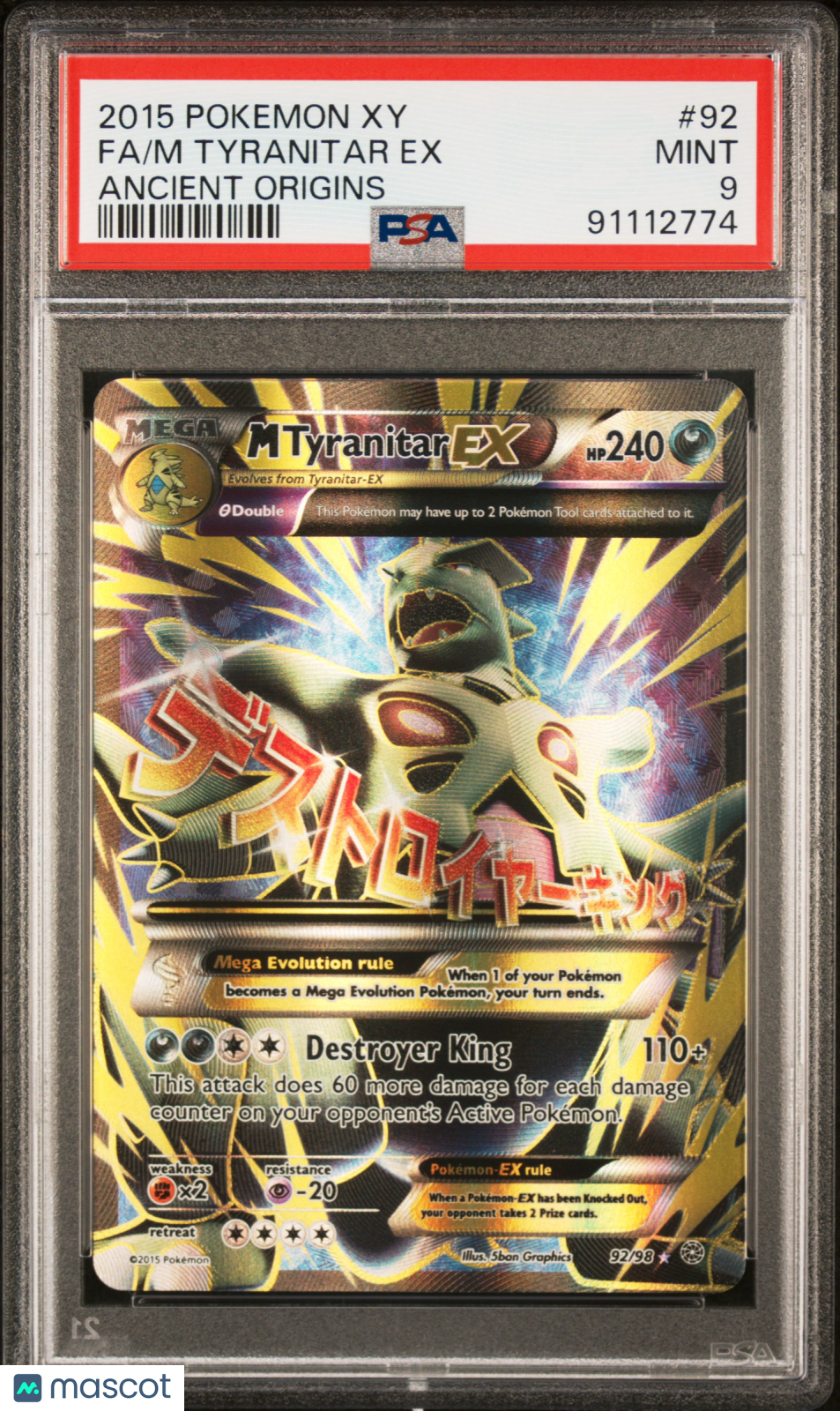 2015 Pokemon Xy Ancient Origins M Tyranitar EX #92 Ancient Origins Fa PSA 9