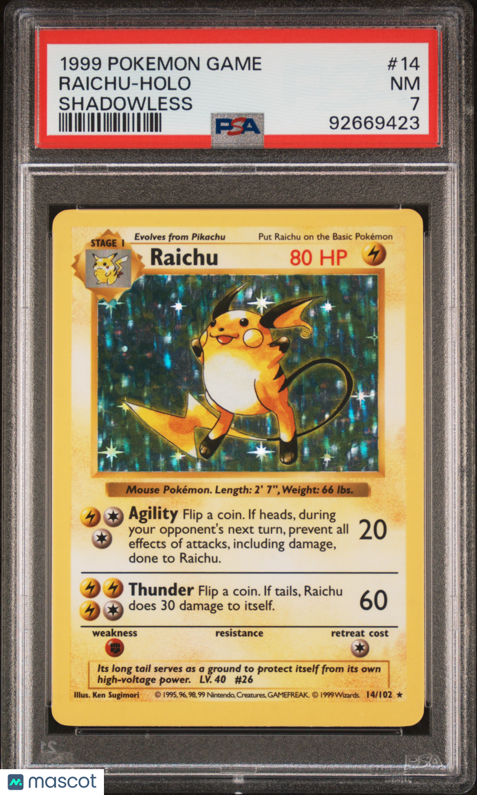 1999 Pokemon Game Raichu #14 Shadowless PSA 7